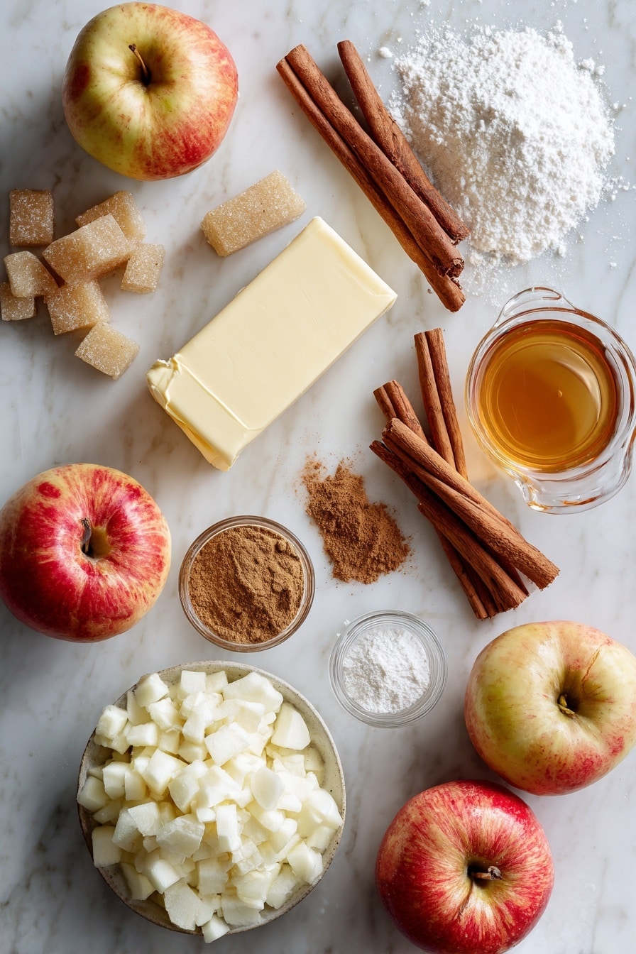 Flat lay of peeled and grated fresh apples, a stick of unsalted butter at room temperature, light brown sugar crystals, granulated sugar, whole cinnamon sticks, ground cinnamon powder, ground ginger powder, ground nutmeg powder, a small glass of amber apple cider, and a sprinkle of sifted powdered sugar, all beautifully arranged in neat piles and gentle mounds, placed on a white marble surface, photo taken with an iphone --ar 2:3 --v 7 - Apple Spice Cake with Cinnamon Glaze, cinnamon apple cake, autumn spice dessert, moist apple cinnamon cake, easy fall cake