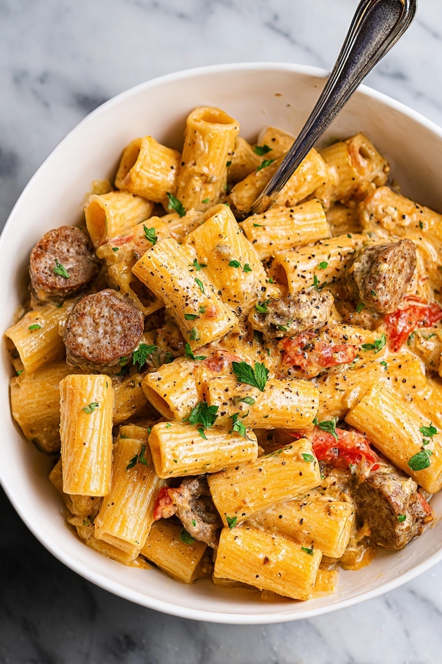 The dish is a bowl filled with rigatoni pasta coated in a creamy orange sauce. Mixed in are small round slices of brown sausage that have a slightly crispy texture. Small pieces of red tomato and sprinkled green herbs, likely parsley, are scattered throughout the dish. The creamy sauce covers the pasta evenly with some visible flecks of black pepper on top. A silver fork is placed inside the bowl, partially buried in the pasta. The bowl is white and sits on a white marbled surface. photo taken with an iphone --ar 2:3 --v 7 - One Pot Creamy Cajun Sausage Pasta, Cajun sausage pasta recipe, creamy Cajun pasta, easy Cajun sausage dinner, one pot sausage pasta