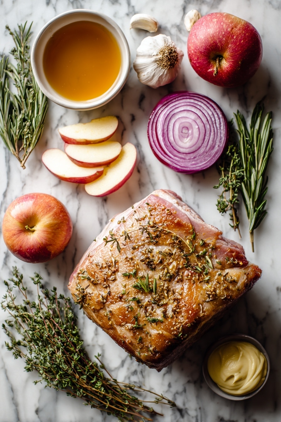 Flat lay of a fresh pork shoulder roast with a golden browned crust, two firm apple wedges peeled and sliced, vibrant thick slices of red onion, a whole head of garlic with the top sliced off showing the cloves inside, three fresh rosemary sprigs, four delicate thyme sprigs, a small bowl of amber-colored apple cider, and a small container of creamy Dijon mustard artfully placed on a white marble surface, photo taken with an iphone --ar 2:3 --v 7 - Apple Cider Braised Pork Shoulder, fall comfort pork dishes, tender pork shoulder recipes, autumn pork slow cooker, cozy pork shoulder meal