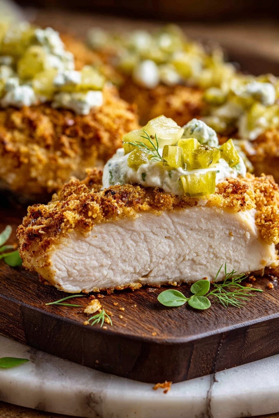 The image shows a thick piece of cooked chicken on a dark wooden plate with a white marbled surface underneath. The chicken is cut in half, showing the white, juicy inside. The outside is covered with a golden brown, crumbly crust that looks crispy. On top of the crust are small dollops of white cream and some chopped light green pickles, adding texture and color. Small green herb leaves are scattered around the chicken, giving freshness to the dish. Photo taken with an iphone --ar 2:3 --v 7 - Dill Pickle Parmesan Chicken, crispy chicken with dill pickle flavor, quick chicken dinner, air fryer chicken recipes, cheesy chicken recipes