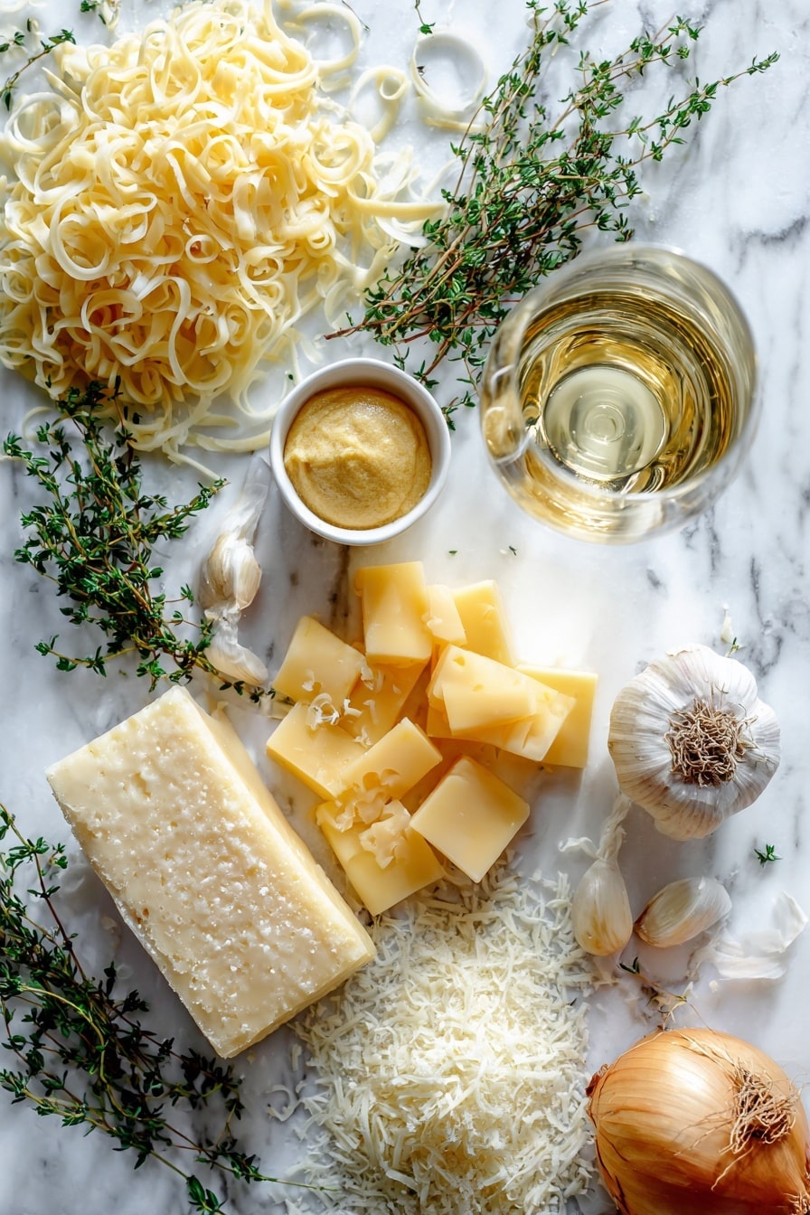 Flat lay of thinly sliced golden yellow onions, fragrant garlic cloves, fresh green thyme sprigs, a small bowl of pale Dijon mustard, a glass of clear dry white wine, uncooked short pasta pieces, chunks of smoky gouda cheese, and a pile of grated parmesan cheese, all beautifully arranged on a white marble surface, photo taken with an iphone --ar 2:3 --v 7 - French Onion Pasta, French Onion Soup Pasta, Caramelized Onion Pasta, Cozy Pasta Recipes, Easy Pasta Dinner