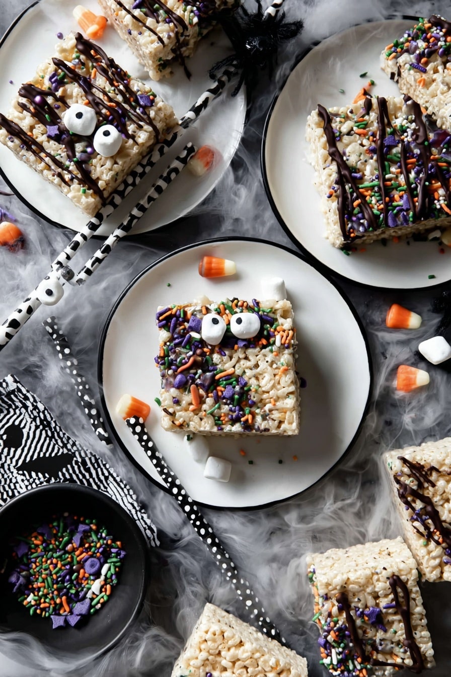 Halloween Rice Krispie Treats with Chocolate Drizzle and Straws Recipe
