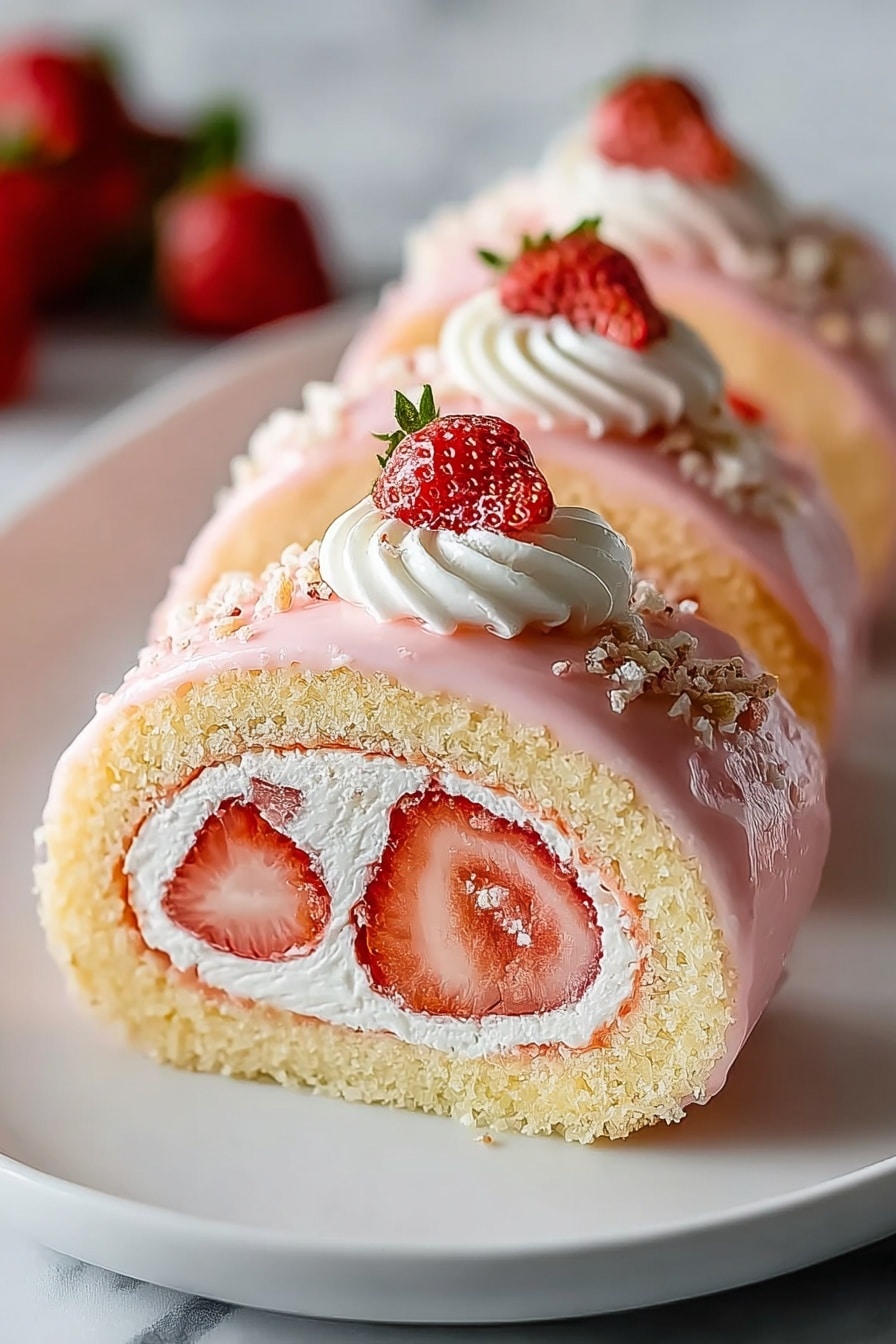 The image shows three strawberry roll cakes arranged in a row on a white plate placed on a white marbled surface. Each roll has three main layers: a light yellow sponge cake base, a thick white cream layer spiraled inside with fresh red strawberry slices, and a smooth light pink outer layer covering the roll. The top of each roll is decorated with small white cream swirls, a half slice of strawberry, and sprinkled with tiny light brown and white crumbs. The rolls appear moist and soft, with the fresh strawberry slices clearly visible in the center swirl. Photo taken with an iphone --ar 2:3 --v 7 - Strawberry Shortcake Sushi Roll, strawberry sushi dessert, fruit sushi recipes, fun dessert ideas, easy sweet sushi rolls