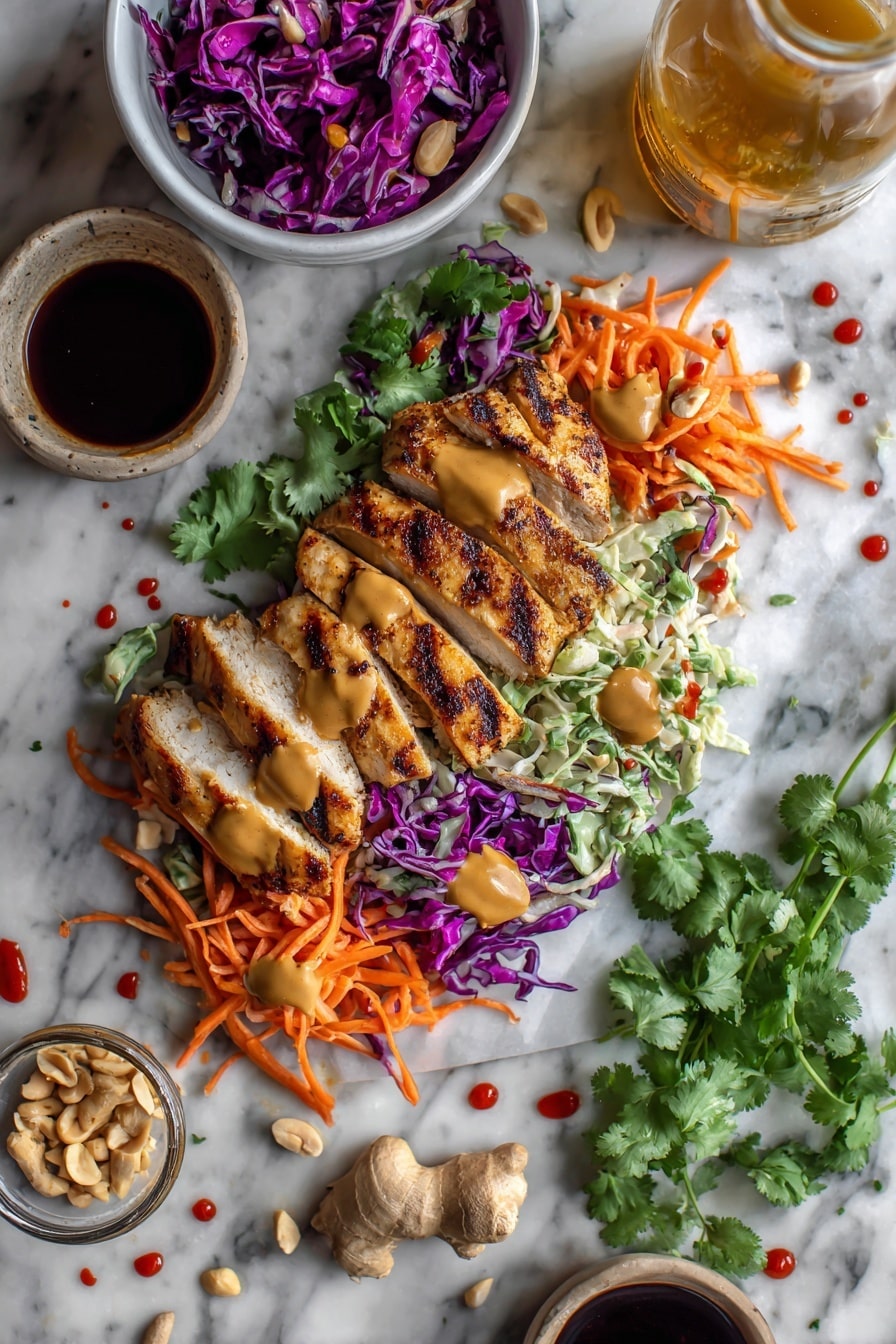 Flat lay of cooked chopped chicken breasts, creamy peanut butter dollops, vibrant coleslaw mix with shredded cabbage and carrots, bright orange grated carrot strands, fresh green cilantro sprigs, roasted salted peanuts scattered, small pools of dark soy sauce, golden honey drizzle, thin slices of fresh ginger, and a few red drops of sriracha sauce beautifully arranged, placed on a white marble surface, photo taken with an iphone --ar 2:3 --v 7 - Thai Peanut Chicken Wraps, Thai Chicken Wraps, Peanut Chicken Wraps, Quick Thai Wraps, Healthy Chicken Wraps