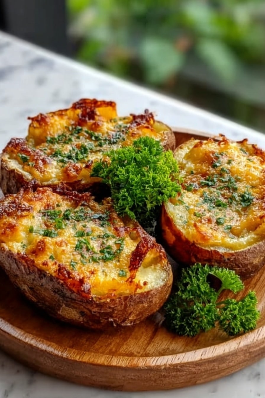 The image shows three roasted potato halves on a white round plate with a wooden base. Each potato half is filled with melted cheese on top, which is golden and bubbly. There are chopped green herbs sprinkled over the cheese, adding a fresh color contrast. The potato skin looks crisp and brown, while the inside is soft and orange-yellow. A small bunch of curly green parsley is placed in the center of the plate as garnish. The scene is set on a white marbled surface with natural light coming from behind. photo taken with an iphone --ar 2:3 --v 7 - Garlic Parmesan Sweet Potato Wedges, crispy sweet potato wedges, healthy sweet potato snacks, baked sweet potato fries, easy savory veggie snack