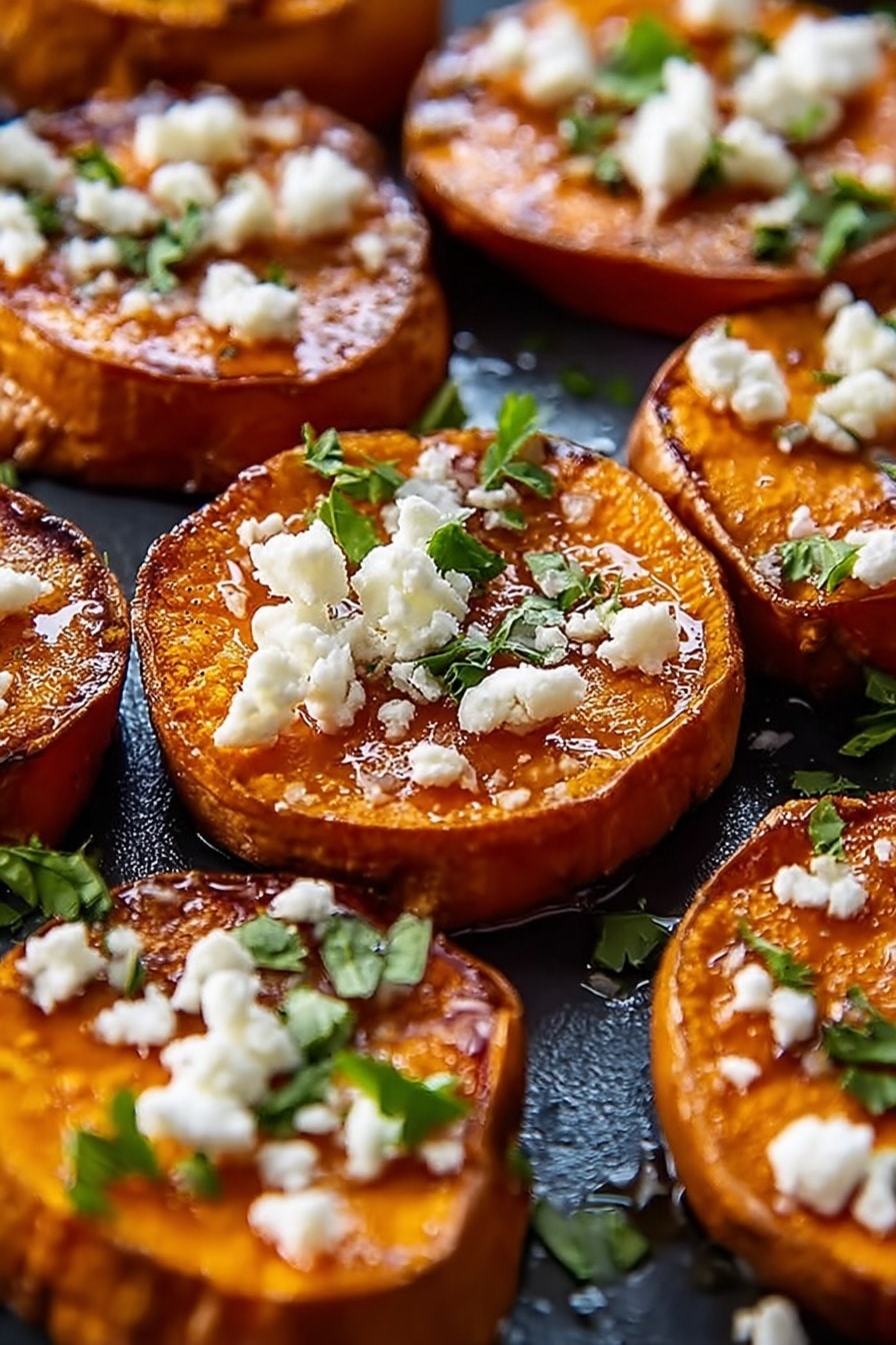 The image shows several round slices of roasted sweet potato with a shiny, slightly caramelized orange surface and brown edges from cooking. Each slice is topped with small white crumbles of cheese scattered unevenly and sprinkled with fresh green herbs. The slices are placed close together on a surface that appears dark but should be imagined on a white marbled texture. The texture of the sweet potatoes looks soft and tender, with the cheese adding a crumbly contrast and the herbs adding color and freshness. photo taken with an iphone --ar 2:3 --v 7 - Roasted Sweet Potatoes with Honey and Feta, sweet potato side dish, honey feta roasted sweet potatoes, healthy roasted sweet potato recipes, easy sweet potato snack