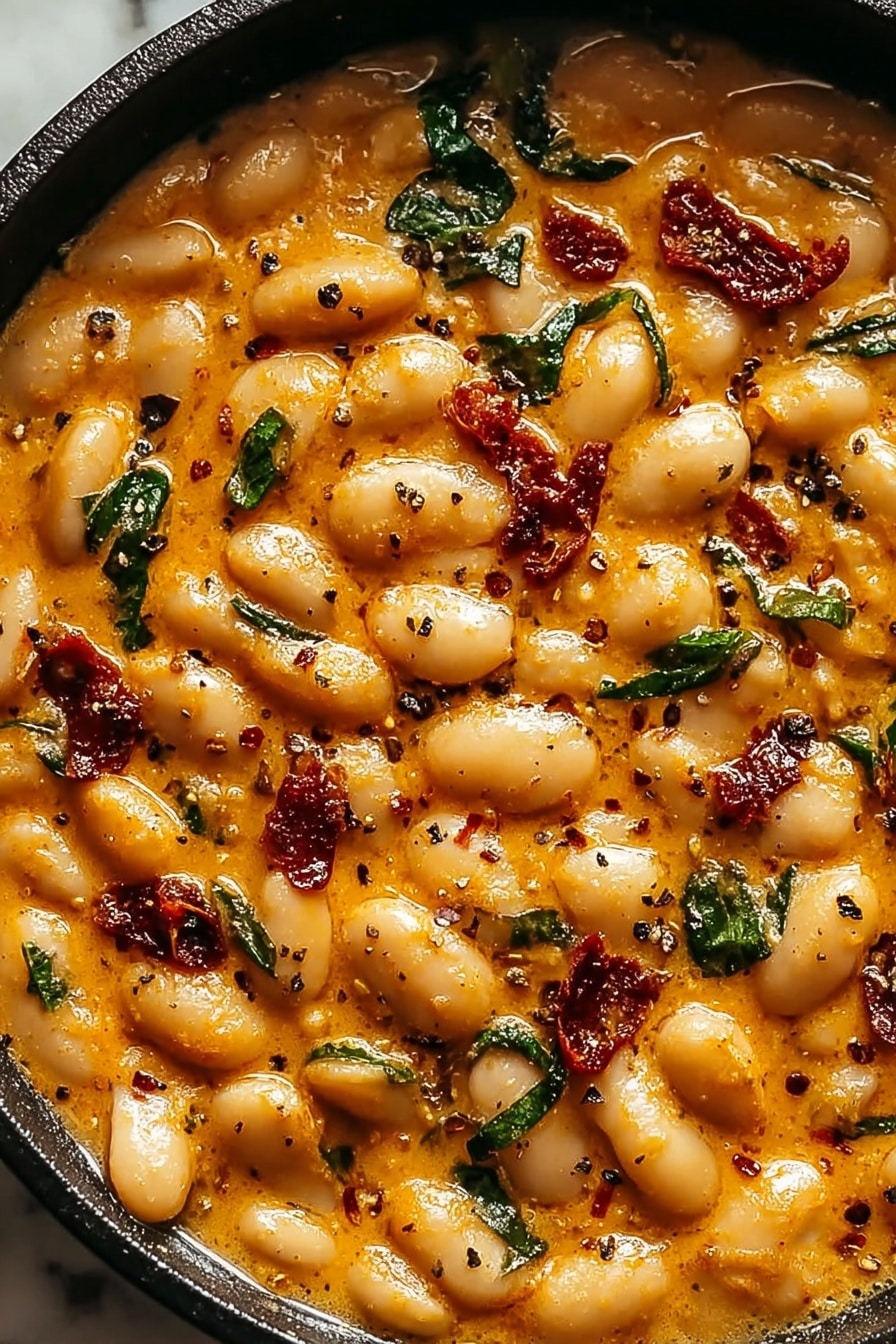 The image shows a close-up of a creamy bean dish in a black pan, with a thick orange sauce coating smooth white beans. The dish has small, dark red pieces scattered throughout, adding a dry texture, and sprinkled green leafy herbs for freshness. There are also little black pepper flakes on top, giving a speckled look across the creamy beans and sauce. The pan sits on a white marbled surface. photo taken with an iphone --ar 2:3 --v 7 - Creamy Tuscan Butter Beans with Sun-Dried Tomatoes and Basil, vegetarian bean dishes, healthy bean recipes, comforting Italian side dish, vegan butter bean recipes