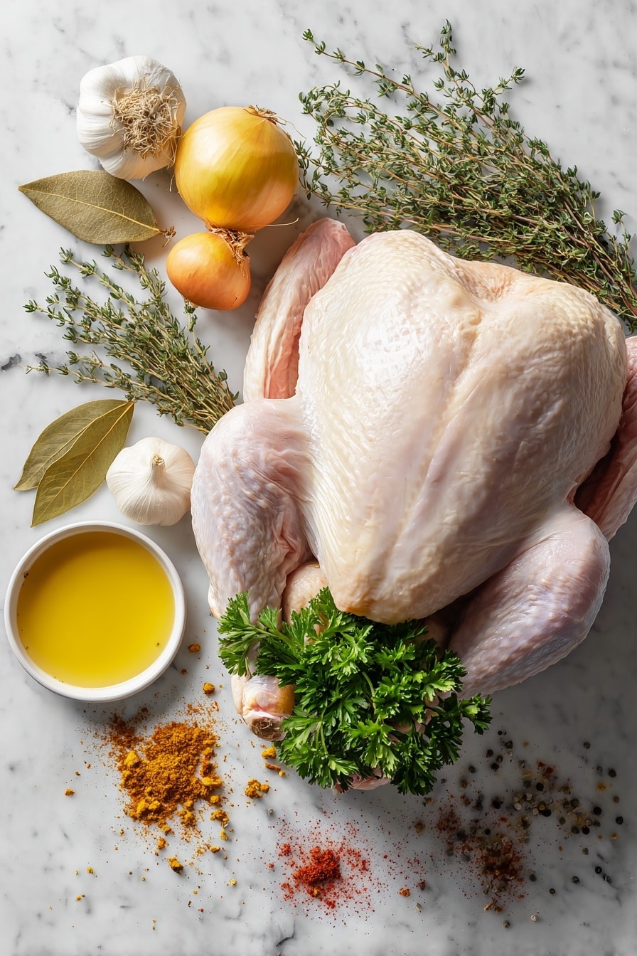 Flat lay of a whole fresh turkey surrounded by a small bunch of vibrant Italian parsley, a small bunch of fresh thyme sprigs, three dried bay leaves, a yellow onion quartered, a head of garlic halved crosswise, and a small pool of melted unsalted butter shimmering softly, all arranged beautifully and naturally with some scattered dried thyme and smoked paprika powder accents, placed on a white marble surface, photo taken with an iphone --ar 2:3 --v 7 - Herb-Roasted Whole Turkey, Herb-Roasted Turkey Recipe, Juicy Roast Turkey, Holiday Turkey, Whole Turkey Cooking Tips