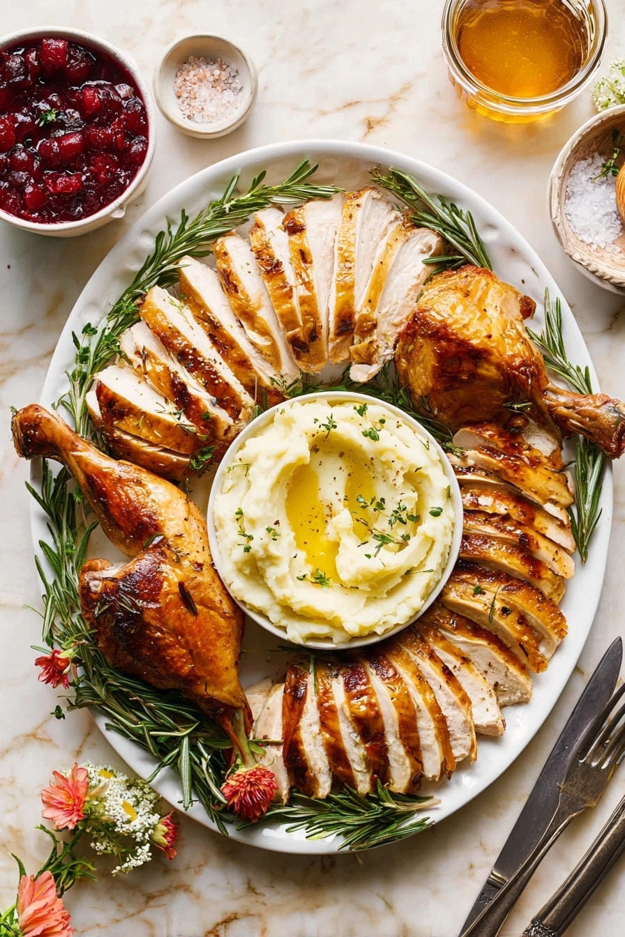 A large white plate sits on a white marbled surface, filled with neatly arranged slices of roasted chicken with golden, crispy skin. The plate holds two roasted chicken legs positioned on opposite sides, surrounded by three rows of thick, juicy sliced chicken breast in light golden brown with a juicy white interior. In the center of the plate is a small bowl filled with creamy mashed potatoes, topped with a drizzle of golden olive oil and a sprinkle of green herbs. Fresh green rosemary sprigs and small flowers decorate the plate, adding color and freshness. Nearby, there is a cup filled with red cranberry sauce to the top left, a bowl of salt below it, a small jar of clear golden liquid on the top right, and a pair of silver knives on the right side of the plate. Photo taken with an iphone --ar 2:3 --v 7 - Herb-Roasted Whole Turkey, Herb-Roasted Turkey Recipe, Juicy Roast Turkey, Holiday Turkey, Whole Turkey Cooking Tips