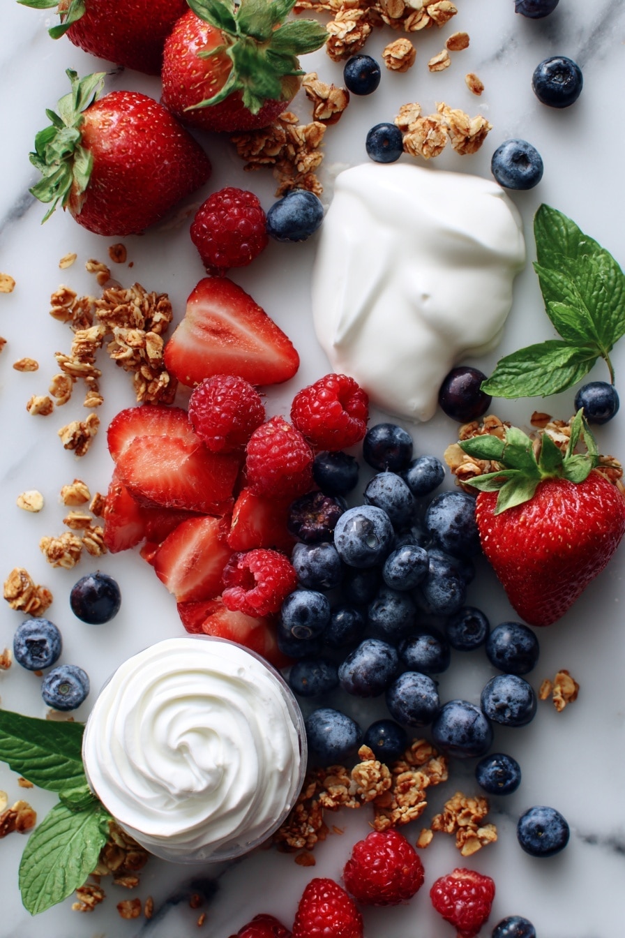 Flat lay of plump fresh blueberries, bright red raspberries, sliced strawberries with vibrant green leaves, creamy white vegan vanilla yogurt dolloped in soft peaks, golden crunchy granola clusters scattered artistically, and a small swirl of fluffy vegan coconut whipped cream, all beautifully arranged with natural light highlighting their colors and textures, placed on a white marble surface, photo taken with an iphone --ar 2:3 --v 7 - Beautiful Berry Patriotic Vegan Yogurt Parfait, patriotic vegan yogurt parfait, quick vegan fruit parfait, healthy berry breakfast, 5-minute vegan parfait