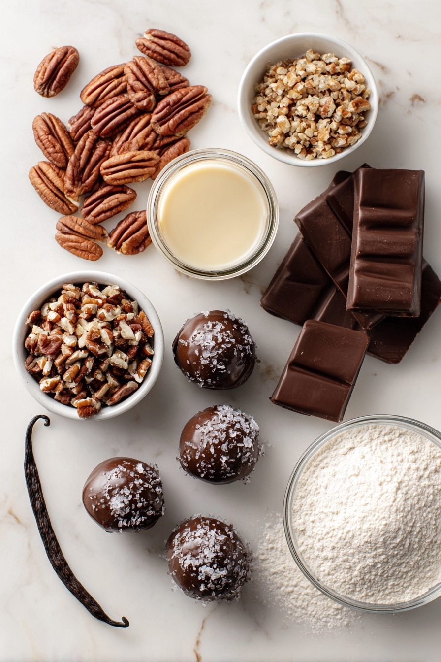 Flat lay of whole pecan halves, coarsely chopped pecans, a small jar of sweetened condensed milk glistening slightly, vanilla bean pod, a mound of pale all-purpose flour, glossy dark chocolate candy melts in smooth, rounded shapes, and a few pecan balls coated in rich dark chocolate and sprinkled with chopped pecans, all beautifully arranged and evenly spaced, placed on a white marble surface, photo taken with an iphone --ar 2:3 --v 7 - Condensed Milk Pecan Balls with Chocolate Coating, pecan chocolate balls, homemade nutty chocolates, sweet condensed milk treats, easy holiday desserts