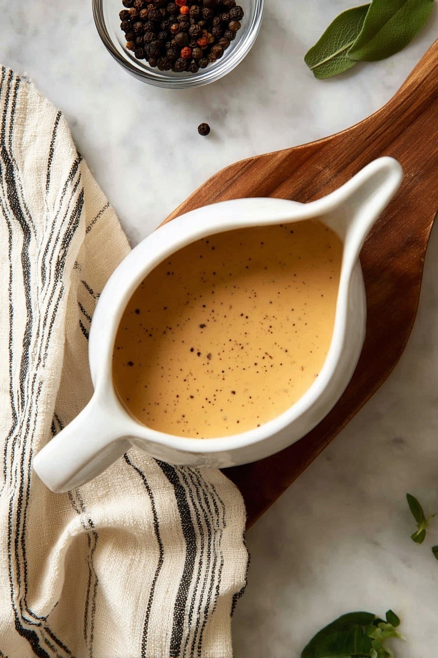 A white sauce boat filled with creamy light brown sauce with black pepper specks, placed on a wooden board atop a white marbled surface, next to a cream-colored cloth with black stripes bunched up, and a small glass bowl holding whole black peppercorns near the top of the frame, with a few green herb leaves scattered on the surface photo taken with an iphone --ar 2:3 --v 7 - Turkey Gravy from Drippings, homemade turkey gravy, savory turkey gravy recipe, how to make turkey gravy, turkey gravy from pan drippings