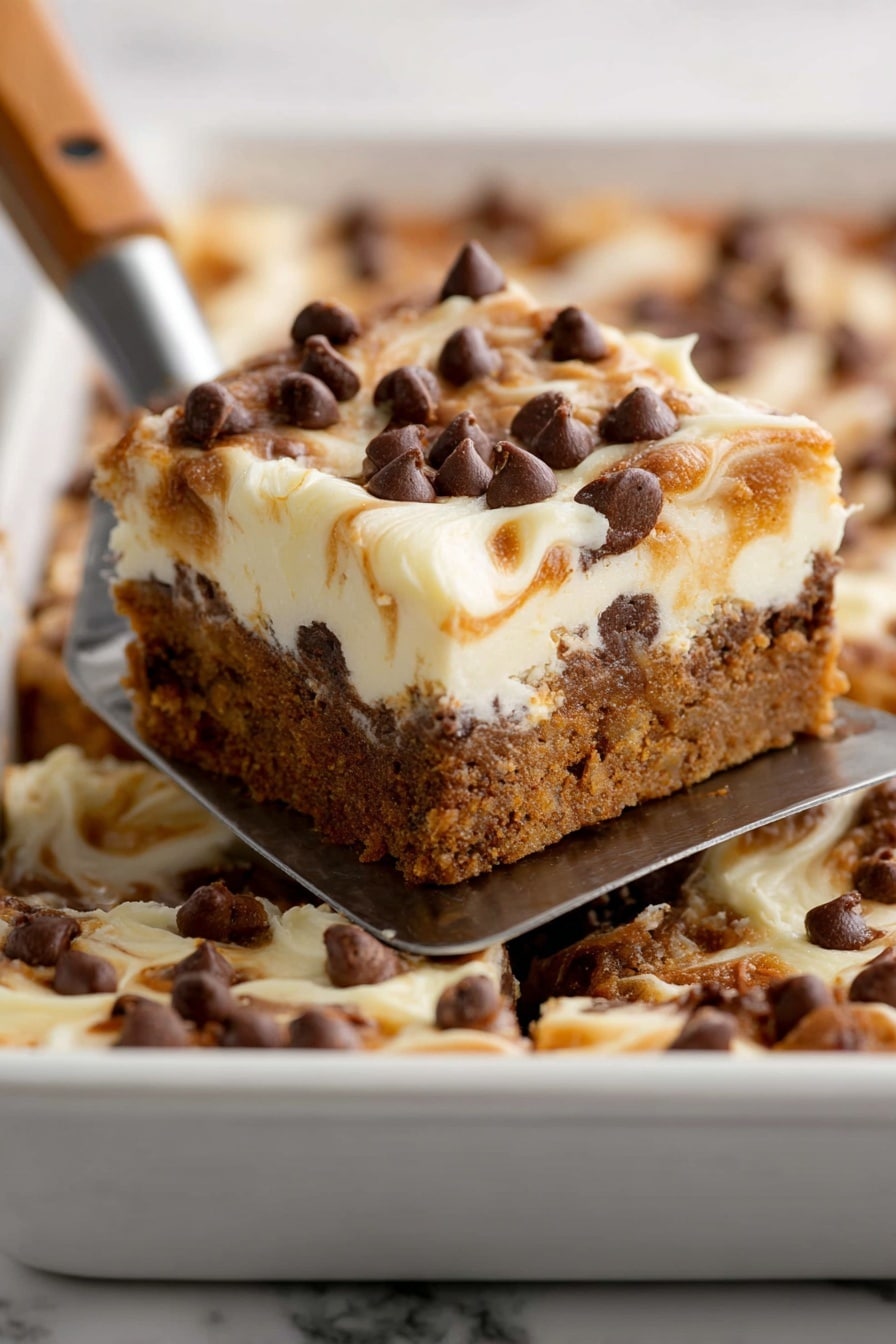A close-up view of a square piece of dessert being lifted from a white baking tray with a metal spatula that has a wooden handle. The dessert has three visible layers: the bottom layer is a soft, brown cake, the middle layer is a creamy white swirled mixture that looks smooth and slightly melted, and the top layer is sprinkled with many small, round, dark chocolate chips scattered all over. The surface where the tray sits shows a white marbled texture in the background. photo taken with an iphone --ar 2:3 --v 7 - Pumpkin Earthquake Cake, fall dessert, pumpkin cheesecake cake, spiced pumpkin cake, easy fall dessert