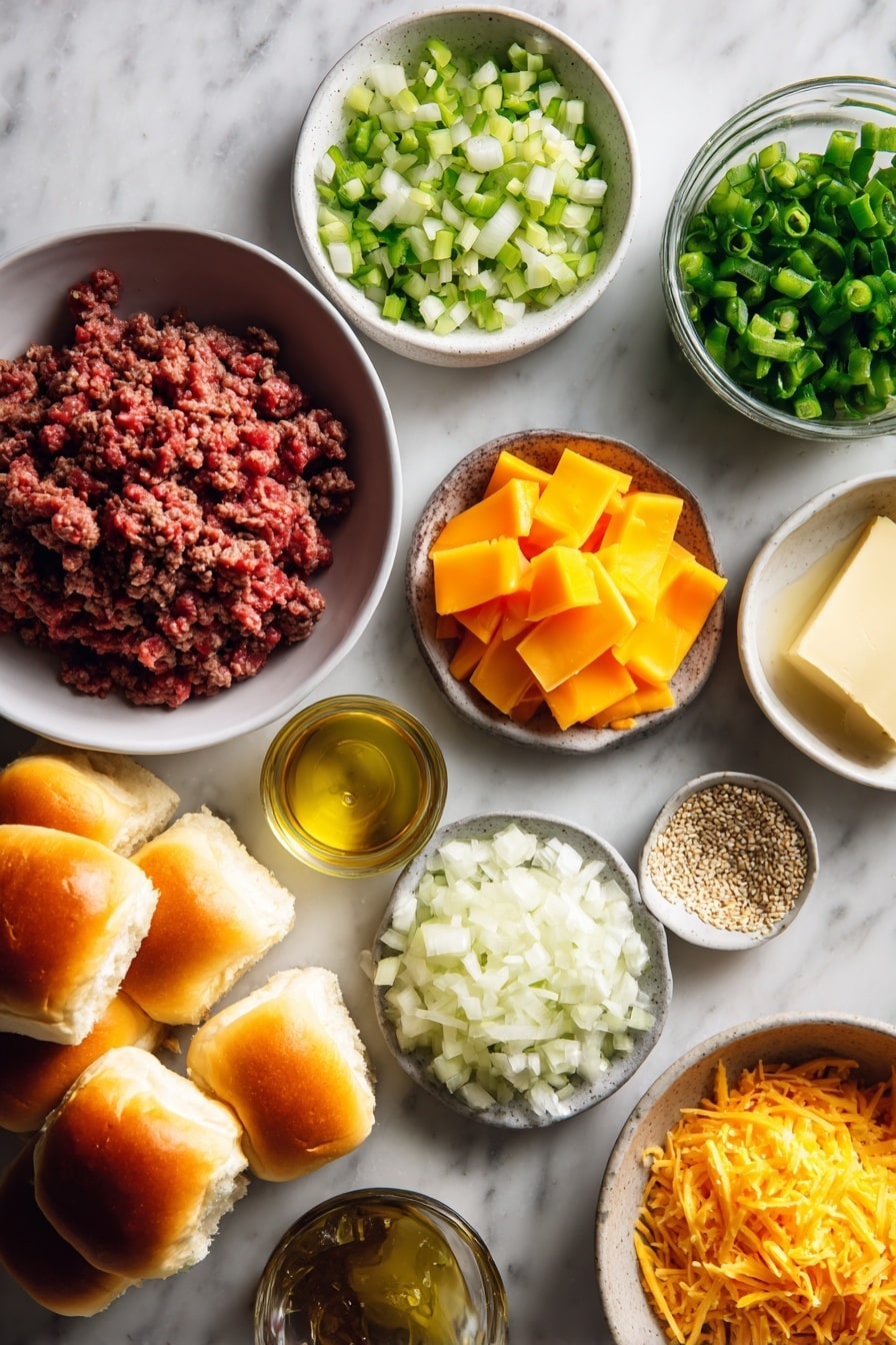 Flat lay of fresh lean ground beef, finely chopped yellow onion, diced green pepper, sliced green onions, bright orange pepper jack cheese slices, shredded Colby Jack cheese, golden melted butter with sesame seeds sprinkled nearby, and a stack of soft slider buns, all beautifully arranged with vibrant colors and textures, placed on a white marble surface, photo taken with an iphone --ar 2:3 --v 7 - Cheesy Ground Beef Sliders, cheesy sliders recipe, easy ground beef sliders, juicy beef sliders, party slider recipes