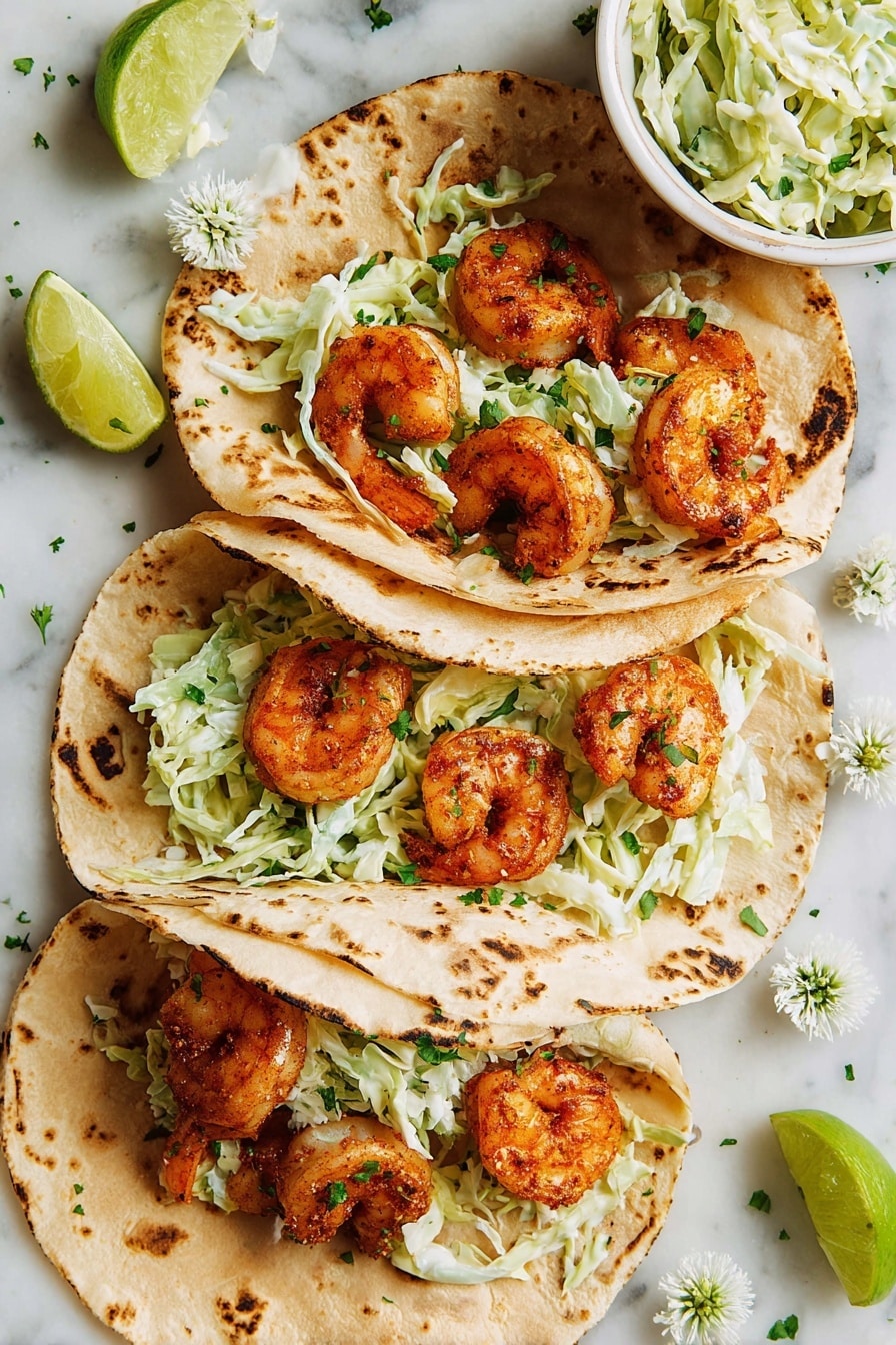 Three flat, round tortillas with light brown toasted spots are filled with two main layers: at the bottom, a creamy green coleslaw made of thin cabbage strips topped with bright orange grilled shrimp seasoned with visible spices. The shrimp are plump and arranged in small clusters on each tortilla. Chopped green herbs are sprinkled over the shrimp and coleslaw for color contrast. Around the tortillas are small white flowers, lime wedges, and a white bowl filled with extra coleslaw, all set on a white marbled surface. photo taken with an iphone --ar 2:3 --v 7 - Blackened Shrimp Tacos with Cilantro Lime Slaw, shrimp tacos recipe, spicy shrimp tacos, easy seafood tacos, healthy taco ideas