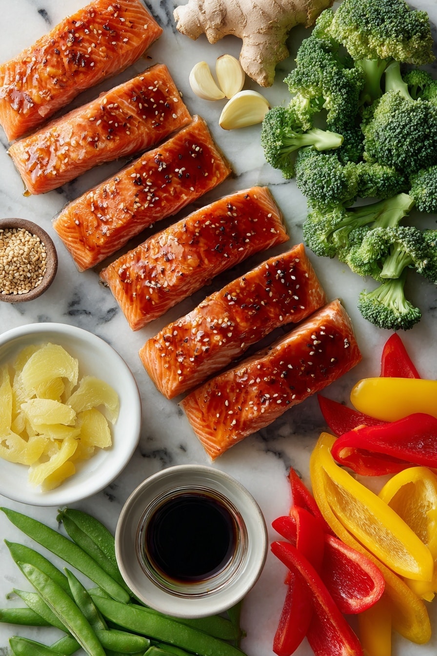 Flat lay of fresh salmon fillets with a glossy teriyaki glaze, vibrant broccoli florets, bright red and yellow bell pepper slices, crisp snap peas, a small bowl of golden honey, fresh minced garlic cloves, thin slices of grated ginger, and small dark soy sauce droplets artistically placed nearby, all arranged beautifully on a white marble surface, photo taken with an iphone --ar 2:3 --v 7 - Sheet Pan Teriyaki Salmon and Vegetables, Easy One-Pan Dinner, Healthy Salmon Dinner, Quick Weeknight Meal, Oven-Roasted Salmon and Veggies