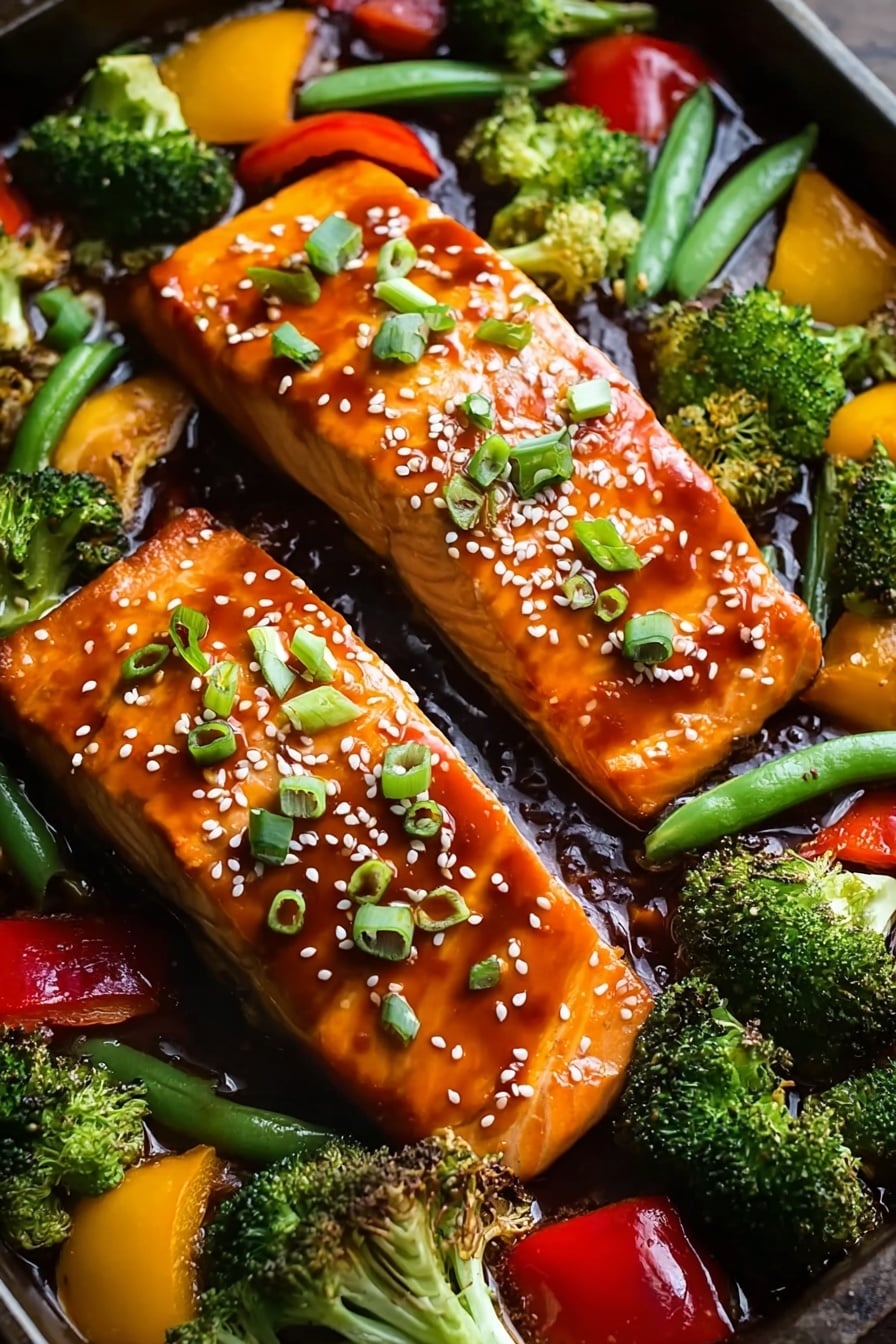 The image shows several pieces of cooked salmon with a shiny, orange color and a slightly crispy texture on top. Each salmon piece has a light drizzle of dark brown sauce and is sprinkled with white sesame seeds and small green chopped herbs. The salmon pieces rest on a bed of roasted broccoli with dark green and slightly charred tips, bright green snap peas, and roasted bell peppers in yellow and red shades. Everything sits together on a baking tray set on a white marbled surface. The photo is detailed and close-up, showing the vibrant colors and textures clearly, photo taken with an iphone --ar 2:3 --v 7 - Sheet Pan Teriyaki Salmon and Vegetables, Easy One-Pan Dinner, Healthy Salmon Dinner, Quick Weeknight Meal, Oven-Roasted Salmon and Veggies