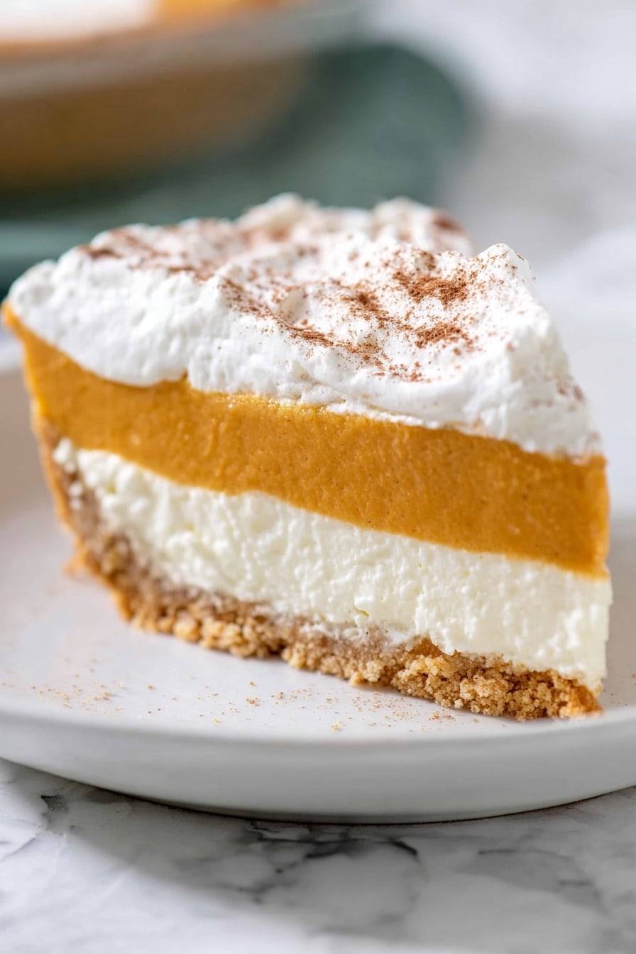 The image shows a pie with a thick, light brown filling and a thick layer of white whipped cream on top, sprinkled lightly with cinnamon powder. One slice of the pie is missing from the pie tin, which has a crimped edge and is silver in color. Two slices of the pie are placed on white plates below and next to the pie tin. The pie has three visible layers: a crumbly, golden brown crust at the bottom, the smooth light brown filling in the middle, and the fluffy white whipped cream with cinnamon on top. There are two silver forks placed on the white marbled surface near the plates, next to a blue and multicolor patterned cloth. The setting is bright with a soft light on the pie and plates. photo taken with an iphone --ar 2:3 --v 7 - No Bake Pumpkin Pie, easy pumpkin pie dessert, fall no bake pie, creamy pumpkin pie, Thanksgiving dessert