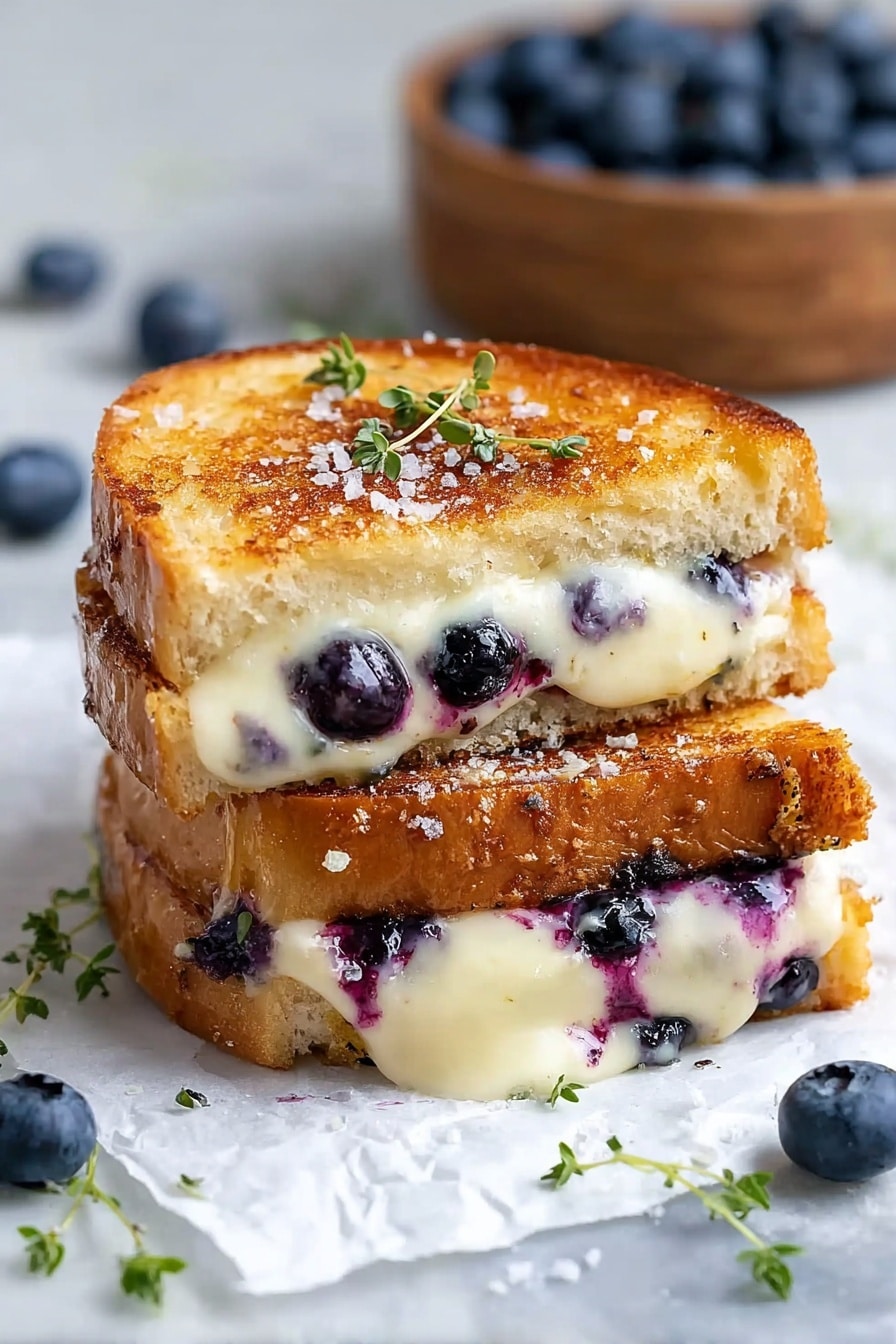 Two toasted sandwich halves stacked on white parchment paper over a white marbled surface, each with golden brown, crispy outer bread layers sprinkled with coarse salt and topped with small green herb sprigs. Inside, the sandwich has a creamy melted white cheese layer with a smooth texture, dotted with whole dark blue blueberries that burst slightly, creating purple juice stains near the edges. Around the sandwich, loose blueberries and small green herb leaves are scattered, with a blurred wooden bowl full of blueberries in the background. photo taken with an iphone --ar 2:3 --v 7 - Crispy Blueberry Lemon Thyme Grilled Cheese Sandwich, Blueberry Lemon Thyme Grilled Cheese, Gourmet Blueberry Lemon Sandwich, Fruit-infused Grilled Cheese, Unique Cheese Sandwich Recipes