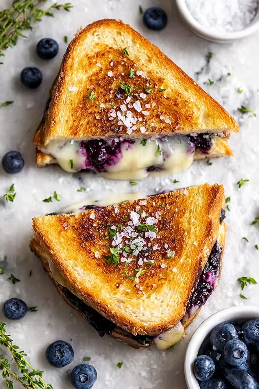 The image shows a grilled sandwich cut into two triangular halves placed on a white marbled surface. Each sandwich half has a golden-brown toasted crust with a slightly crispy texture on the outside. Inside, there are two visible layers: the bottom layer is a dark purple blueberry filling, and on top of it is a melted creamy white cheese layer that stretches slightly between the halves. Coarse salt crystals and small green sprigs of herbs are sprinkled on top of the sandwich and around it. Fresh blueberries scatter around the sandwich, with two small white bowls — one filled with blueberries and the other with coarse salt — partially visible at the edges. Photo taken with an iphone --ar 2:3 --v 7 - Crispy Blueberry Lemon Thyme Grilled Cheese Sandwich, Blueberry Lemon Thyme Grilled Cheese, Gourmet Blueberry Lemon Sandwich, Fruit-infused Grilled Cheese, Unique Cheese Sandwich Recipes