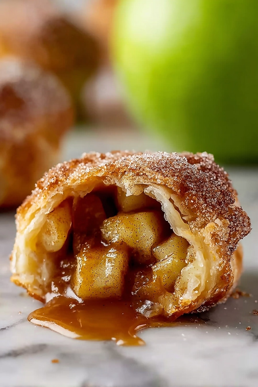 A close-up view of a single half-eaten apple pastry with a flaky golden-brown crust covered in sparkling sugar and cinnamon layers, revealing an inside filled with soft, glossy apple chunks in syrupy caramel color sauce that slowly drips onto a white marbled surface, a bright green apple and blurred pastries can be seen softly in the background, photo taken with an iphone --ar 2:3 --v 7 - Mouthwatering Caramel Apple Pie Bombs, caramel apple pie bombs, apple pie desserts, easy apple dessert recipes, caramel-filled treats