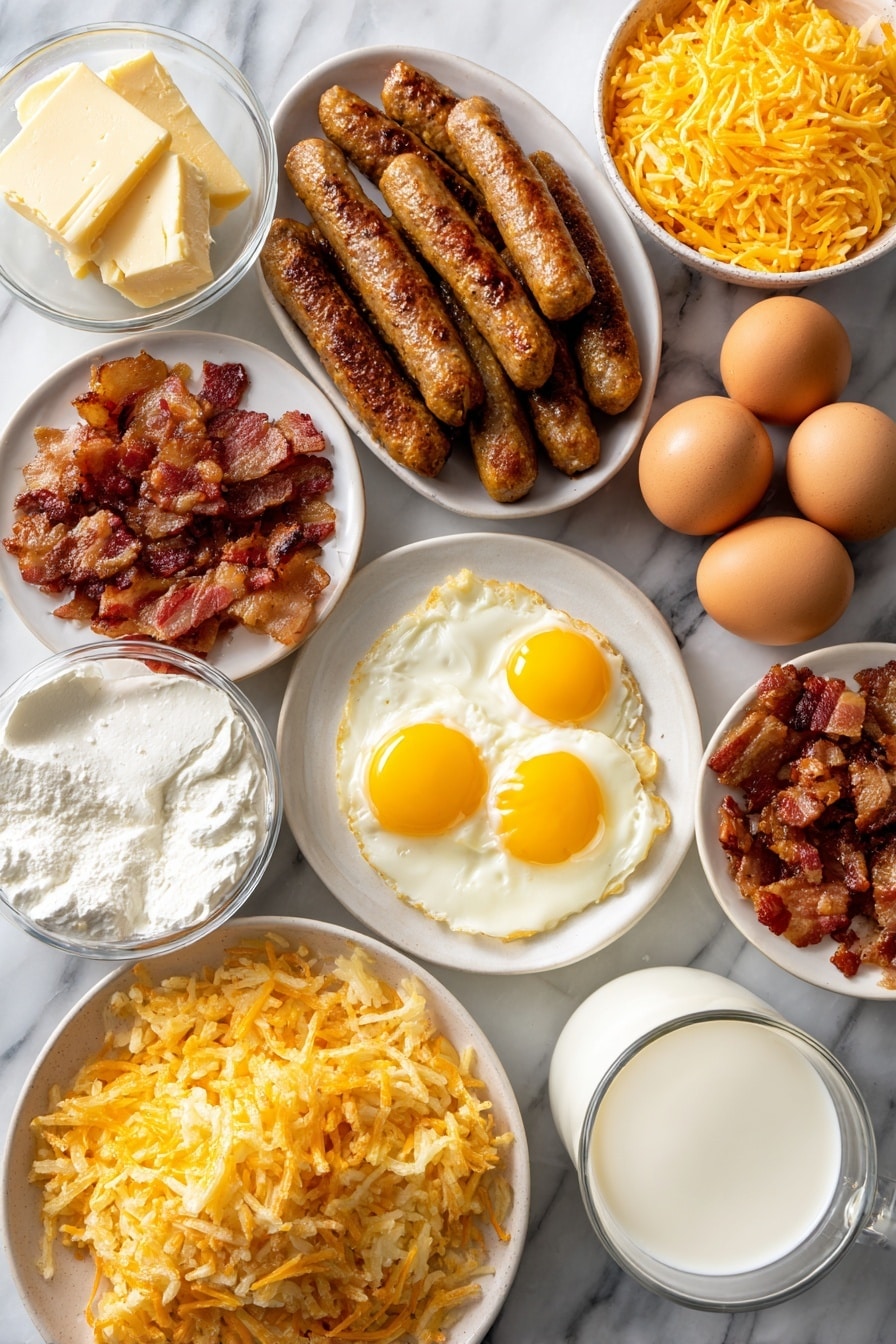 Flat lay of cooked crispy browned pork sausage pieces, chopped crunchy bacon, smooth softened cream cheese, thick sour cream dollop, a small glass of whole milk, cracked large eggs with bright yolks, shredded sharp cheddar cheese piles, and thawed golden shredded hash browns arranged beautifully on a white marble surface, photo taken with an iphone --ar 2:3 --v 7 - Crack Breakfast Casserole, breakfast casserole recipes, easy morning dishes, cheesy breakfast ideas, savory brunch casserole