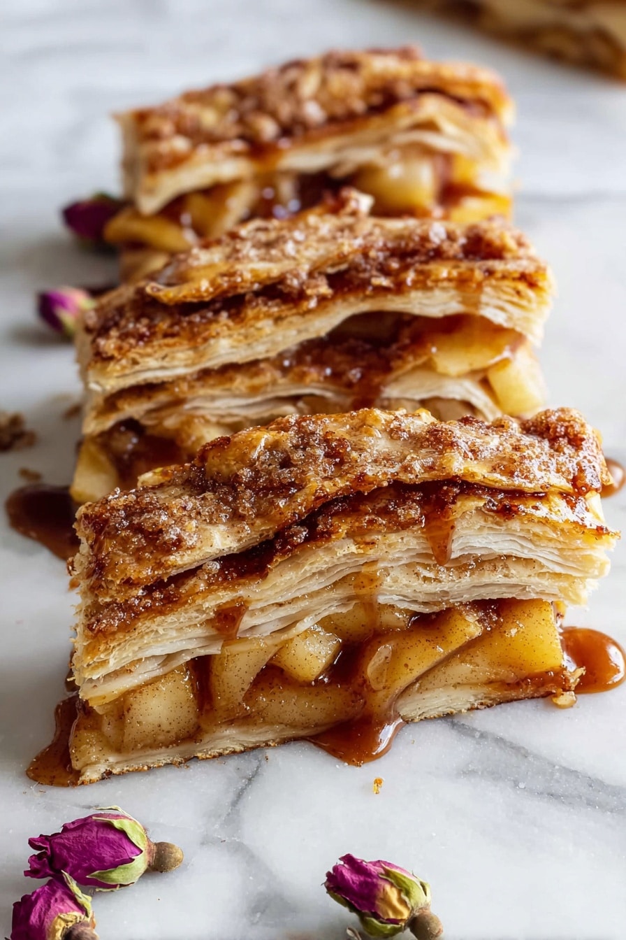 A golden brown braided pastry rests on a white marbled surface, showing five thick strips of dough layered on top, each dusted with a light sprinkle of sugar that adds a matte texture. The outer crust is shiny and crisp, with a mix of warm, toasted browns and lighter, flaky edges. Between the braided gaps, a soft, amber-colored filling peeks through, suggesting a sweet, cooked fruit inside. The pastry has a slightly uneven oval shape, with one end rounded and the other more tapered, and the dough layers visibly puffed and flaky, creating a textured, inviting look. Photo taken with an iphone --ar 2:3 --v 7 - Apple Cinnamon Puff Pastry Braid, apple cinnamon dessert, puff pastry breakfast idea, easy fruit pastry, flaky apple pastry