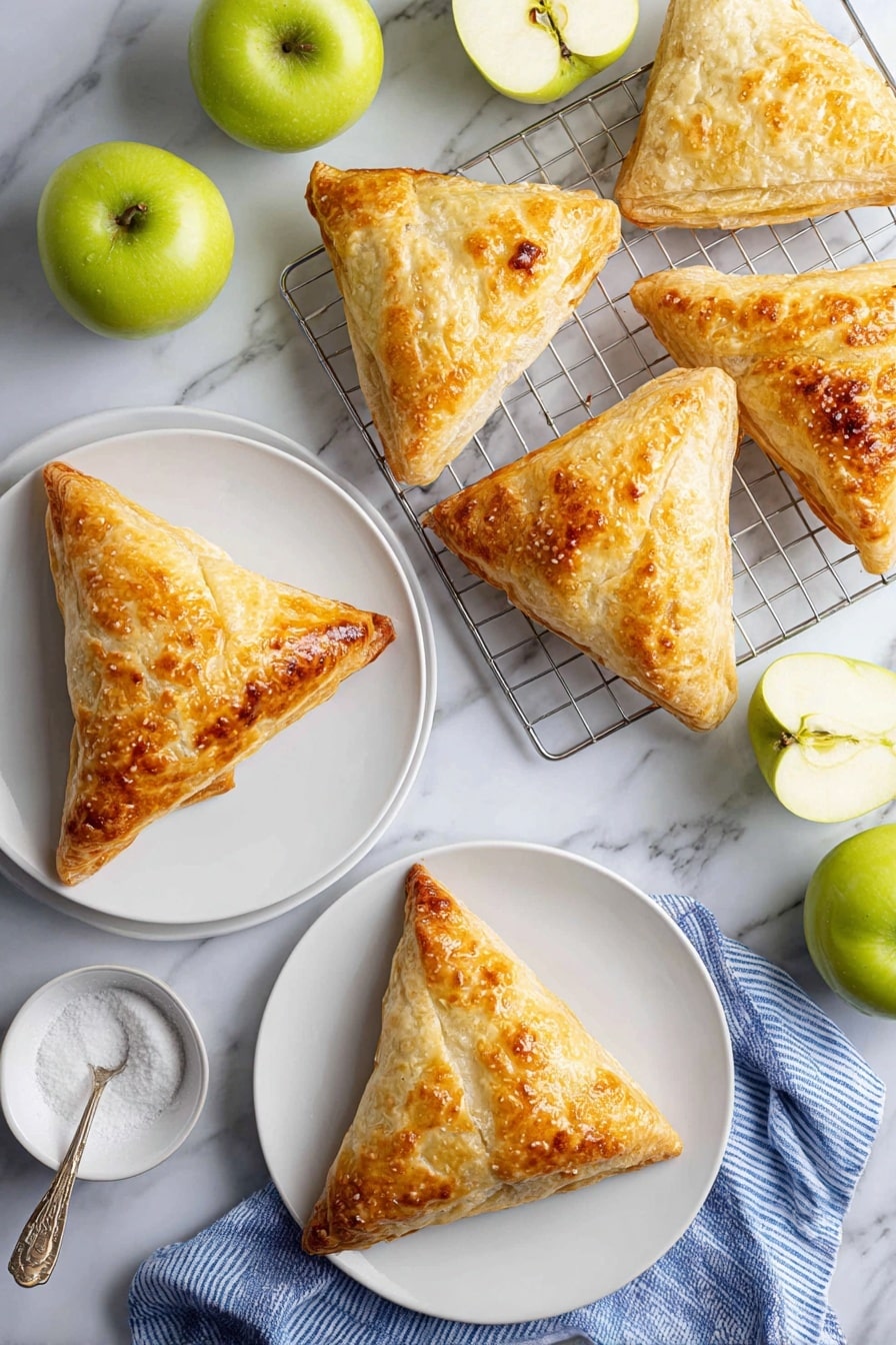 Five golden brown triangular pastries with a flaky, slightly crispy texture are arranged with four on a wire rack and one on a white plate stacked over another white plate. The pastries show uneven golden patches indicating they are baked with a shiny top layer. Around them, there are four green apples, two whole and one sliced in half showing the light cream inside. On the marble white surface, there is a small white bowl with granulated sugar and a silver spoon resting in it, and a blue cloth with white stripes is partly under the plates. The scene has a clean, bright look with natural light. photo taken with an iphone --ar 2:3 --v 7 - Apple Turnovers, homemade apple turnovers, flaky puff pastry apple turnovers, cinnamon apple turnovers, easy apple dessert