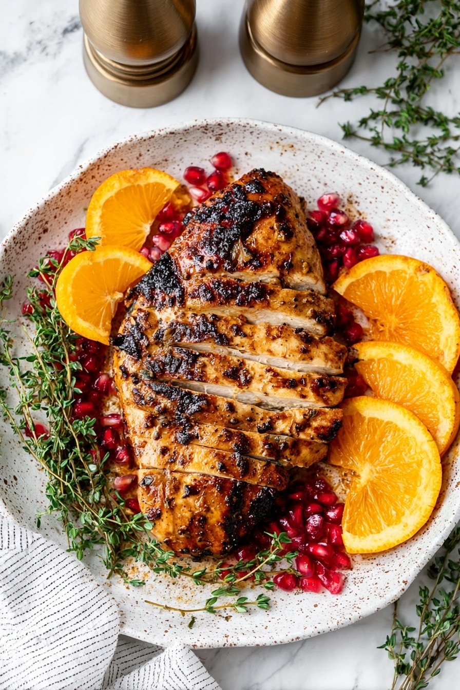 A white speckled plate holds a piece of grilled chicken with a golden-brown, slightly charred surface and a few slices cut from the bottom right side showing its cooked inside. The chicken rests on a bed of bright red pomegranate seeds and is surrounded by fresh green thyme sprigs. Around the chicken, there are four orange wedges, two on the top right and two on the left, adding bright color to the dish. The plate sits on a white marbled surface with two bronze pepper mills in the background and a white striped cloth partially visible on the bottom left photo taken with an iphone --ar 2:3 --v 7 - Air Fryer Turkey Breast with Garlic and Thyme, turkey breast recipe, air fryer poultry, easy turkey dinner, healthy turkey recipes