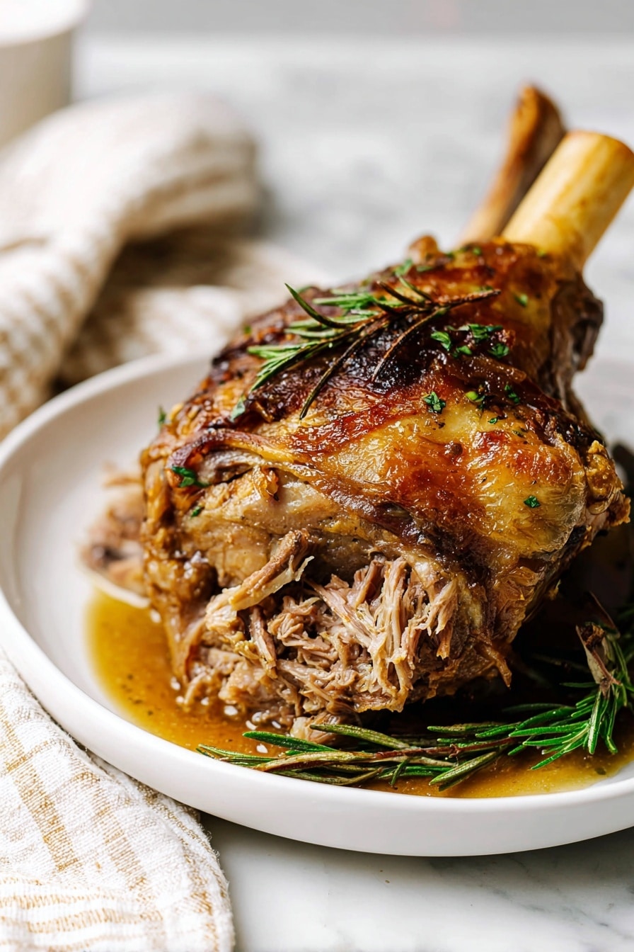 A white plate holds a large cooked lamb shank with a long bone extending out from the top. The lamb meat is tender and shredded at the bottom, showing juicy, light brown strands mixed with darker brown cooked meat. The top layer is a golden-brown crispy skin with some darker charred spots, garnished with green rosemary sprigs scattered across the meat. A small pool of glossy brown sauce sits at the base of the meat. The plate is set on a surface with a white marbled texture, and a striped beige and white cloth is partially visible next to it. photo taken with an iphone --ar 2:3 --v 7 - Slow Roast Leg of Lamb with Garlic, Rosemary, and Rich Pan Juices, roasted leg of lamb with garlic and rosemary, tender slow roast lamb recipe, flavorful roast lamb dishes, easy lamb roast for special occasions