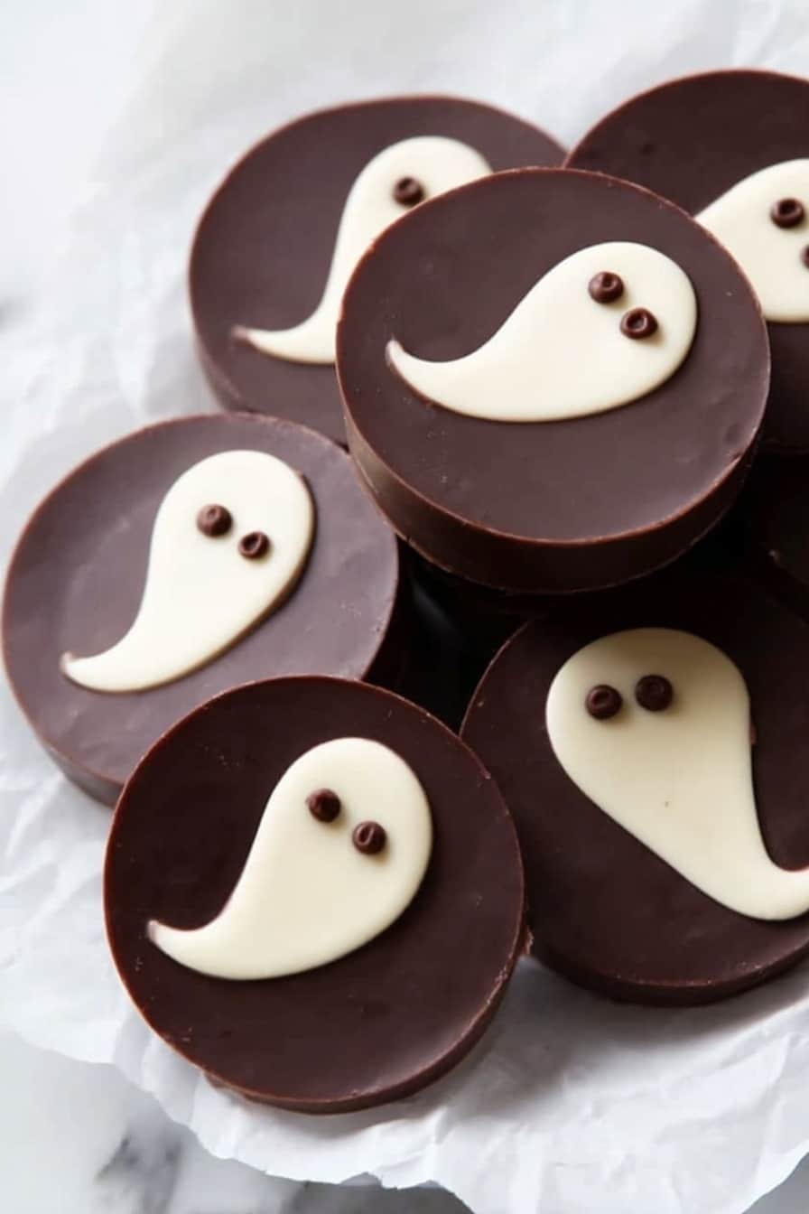 A close-up view of several round, dark brown chocolate disks arranged in a pile on white parchment paper, which rests on a white marbled surface. Each disk is smooth and shiny with a slightly raised edge, decorated with a small, creamy white ghost shape in the center made from a different type of chocolate. The ghost shapes are simple and cartoon-like, each with two small dark brown chocolate dots for eyes and one dot for a mouth, giving them a playful expression. The colors contrast nicely between the dark brown chocolate base and the white ghost design. photo taken with an iphone --ar 2:3 --v 7 - 2-Ingredient Ghost Chocolate Cups, Halloween chocolate treats, easy no-bake dessert, ghost shaped chocolates, simple holiday sweets