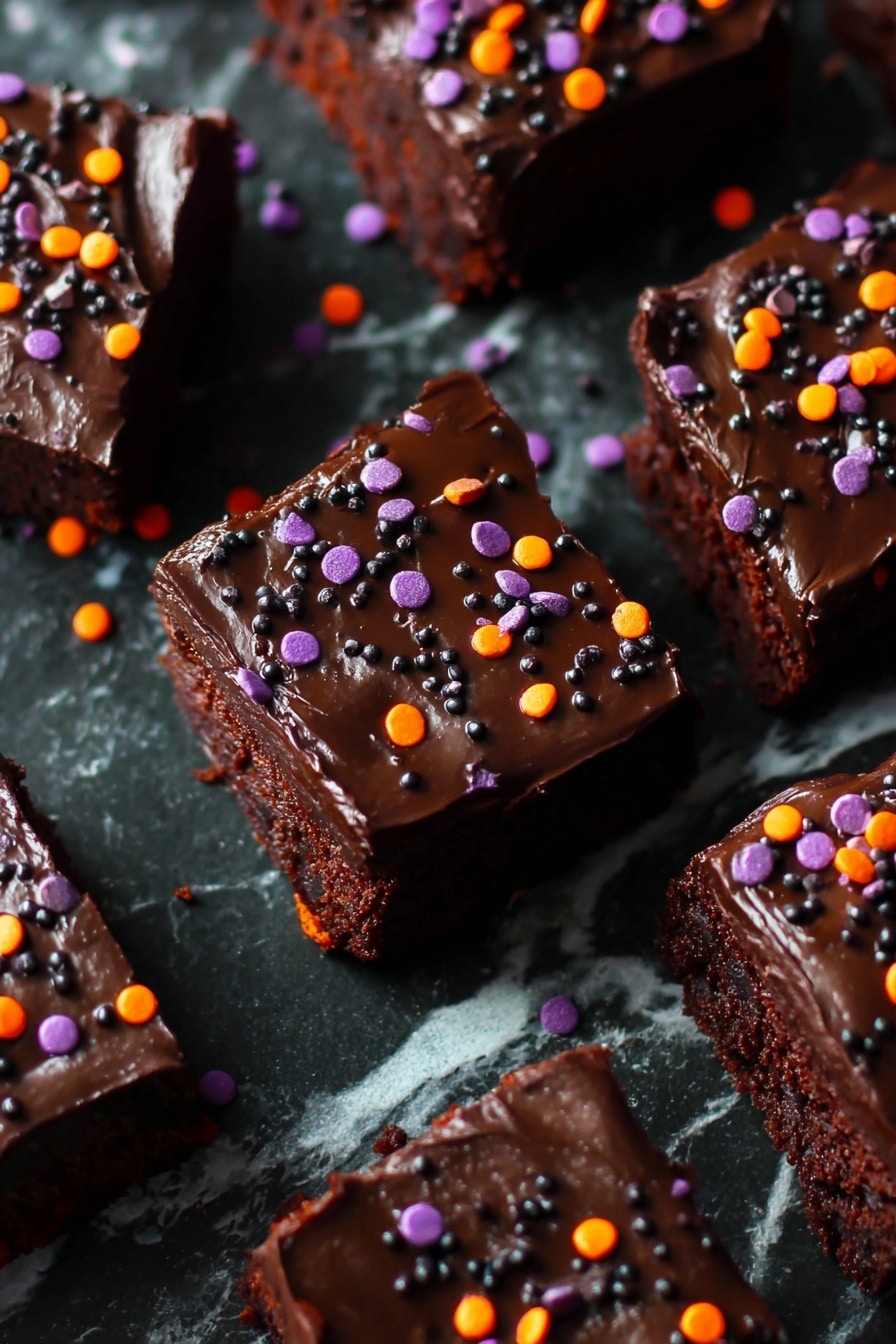The image shows several square chocolate brownies on a dark surface with a white marbled texture. Each brownie has one thick layer of shiny, smooth dark chocolate frosting on top. They are decorated with small round confetti sprinkles in bright orange, purple, and black colors scattered evenly over the frosting. The brownies are placed close together, some slightly angled, showing their moist and dense texture beneath the frosting. photo taken with an iphone --ar 2:3 --v 7 - Gluten-Free Halloween Brownies, gluten-free fudgy brownies, Halloween dessert ideas, allergy-friendly Halloween treats, healthy Halloween brownie recipes