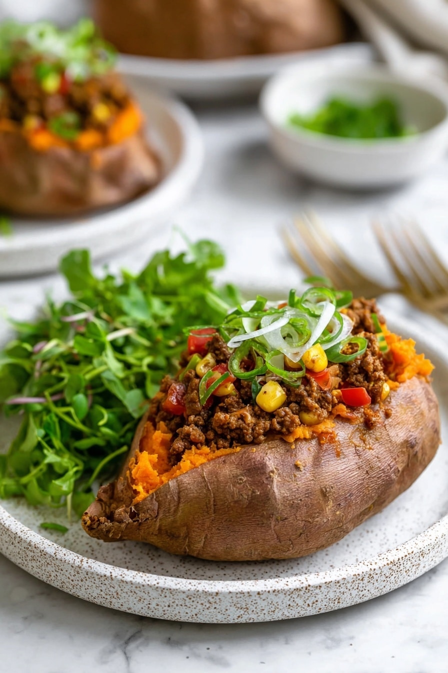 A baked sweet potato with a rough brown skin, placed open on a white, speckled plate on a white marbled surface. Inside the potato, there is a soft, bright orange layer of mashed sweet potato, topped with a layer of cooked ground beef mixed with small pieces of red tomato and yellow corn. On top of the beef, there are thin slices of white onion and chopped green onions, giving a fresh green touch. Next to the potato on the plate, there is a fresh green salad with leafy lettuce and sprouts. In the background, another stuffed potato is slightly blurred on a similar white plate, with a small bowl of green herbs also visible. photo taken with an iphone --ar 2:3 --v 7 - Stuffed Sweet Potatoes with Ground Beef, Veggies, and Cheese, stuffed sweet potatoes, healthy stuffed sweet potatoes, ground beef stuffed sweet potatoes, veggie stuffed sweet potatoes, cheesy stuffed sweet potatoes
