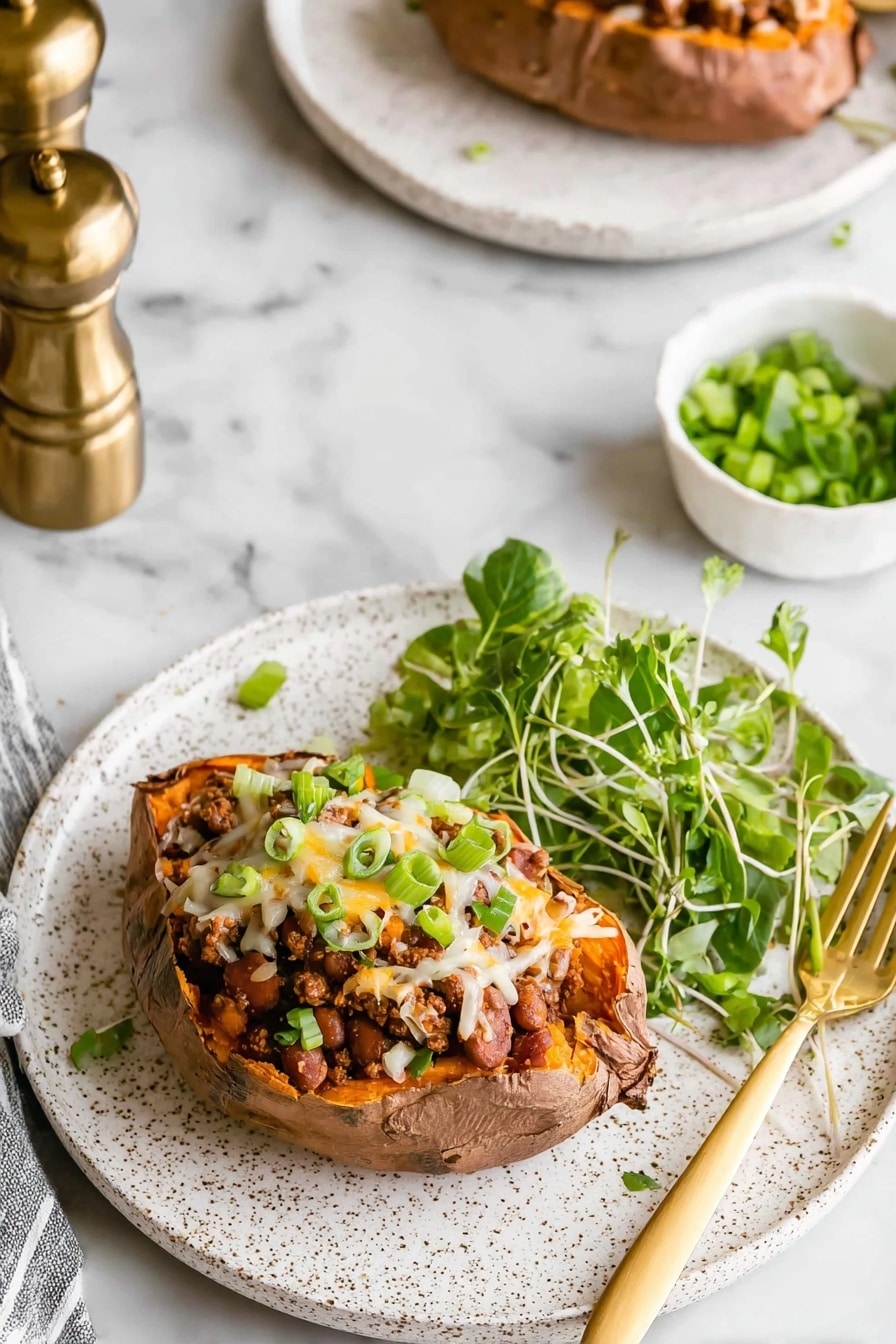 A baked sweet potato is placed on a white speckled plate, the skin brown and slightly cracked. It is split open and filled with a mixture of cooked ground meat and beans, topped with melted shredded cheese that is white and yellow. On top, chopped green onions add a fresh green layer. Beside the stuffed sweet potato, there is a small pile of leafy green lettuce and thin green sprouts, adding a fresh, crispy look. The plate sits on a white marbled surface and a gold fork is placed on the right side of the plate. In the background, there is another plate with a similar stuffed sweet potato and a small white bowl with extra chopped green onions. Two gold pepper grinders are also visible. Photo taken with an iphone --ar 2:3 --v 7 - Stuffed Sweet Potatoes with Ground Beef, Veggies, and Cheese, stuffed sweet potatoes, healthy stuffed sweet potatoes, ground beef stuffed sweet potatoes, veggie stuffed sweet potatoes, cheesy stuffed sweet potatoes