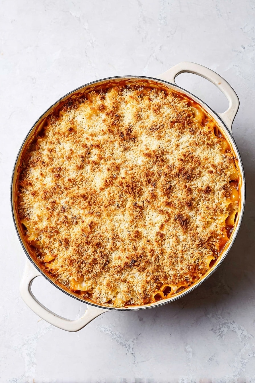 A round white enamel pot with two handles holds a baked dish with one visible layer. The top layer is golden and crunchy with a slightly grainy texture, showing toasted light brown and pale yellow crumbs spread evenly. Below the crispy topping, a thick layer of buried pasta in a rich orange-red sauce peeks slightly around the edges. The pot is on a white marbled surface with soft overhead lighting making the textures clear. photo taken with an iphone --ar 2:3 --v 7 - Butternut Squash Mac and Cheese, healthy mac and cheese with butternut squash, creamy butternut squash pasta, cozy winter comfort food, cheesy squash pasta dish
