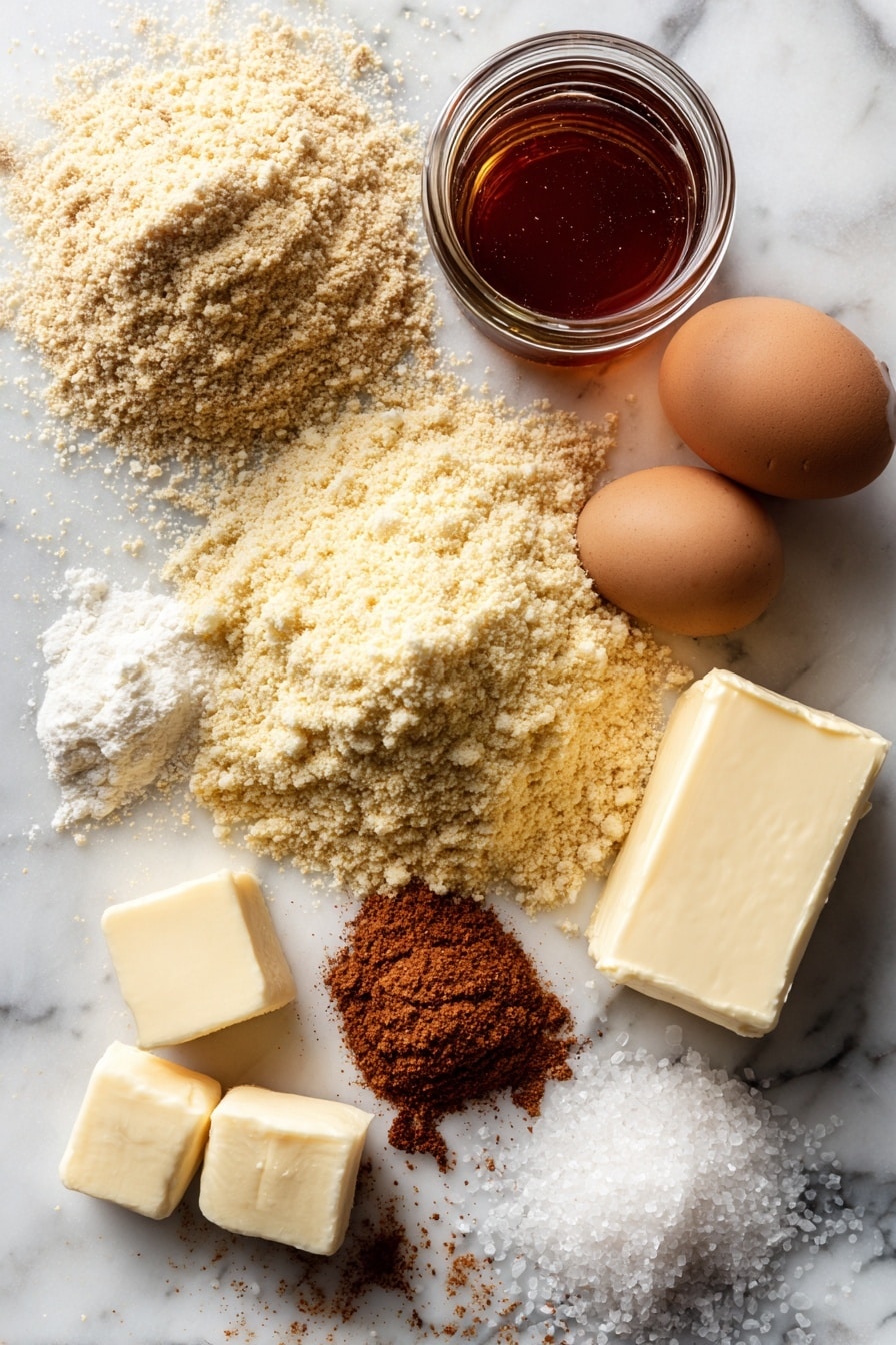 Flat lay of rich golden almond flour and light beige tapioca flour mounded neatly, a small pile of warm brown ground cinnamon beside them, two smooth large brown eggs resting nearby, a small glass jar filled with deep amber reduced apple cider, a stick of creamy unsalted butter partially melted, a scattering of white granulated sugar crystals, and a splash of milky almond milk poured elegantly, all placed on a white marble surface, photo taken with an iphone --ar 2:3 --v 7 - Gluten Free Apple Cider Donuts, gluten free fall treats, apple cider donut recipe, homemade gluten free donuts, seasonal gluten free desserts
