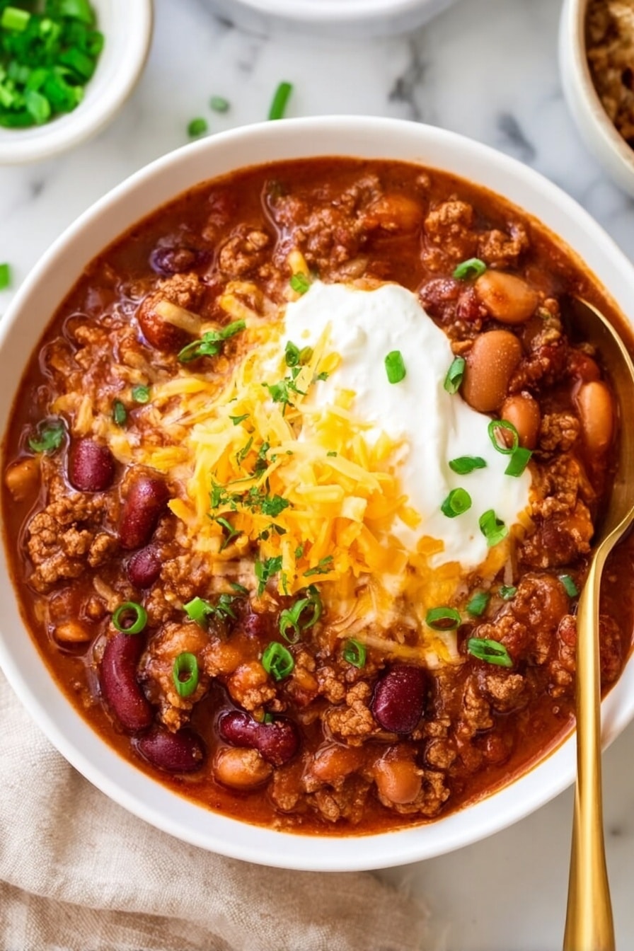 A white bowl filled with thick chili made of red and light brown beans and ground meat in a reddish-brown sauce. On top of the chili, there is a large dollop of white sour cream, sprinkled with shredded bright orange cheddar cheese and chopped green onions. A golden spoon is placed in the bowl on the right side. The bowl sits on a white marbled surface, with parts of other white bowls and a beige cloth napkin visible nearby. Photo taken with an iphone --ar 2:3 --v 7 - Classic Chili, best chili recipe, hearty chili, easy chili recipe, flavorful chili