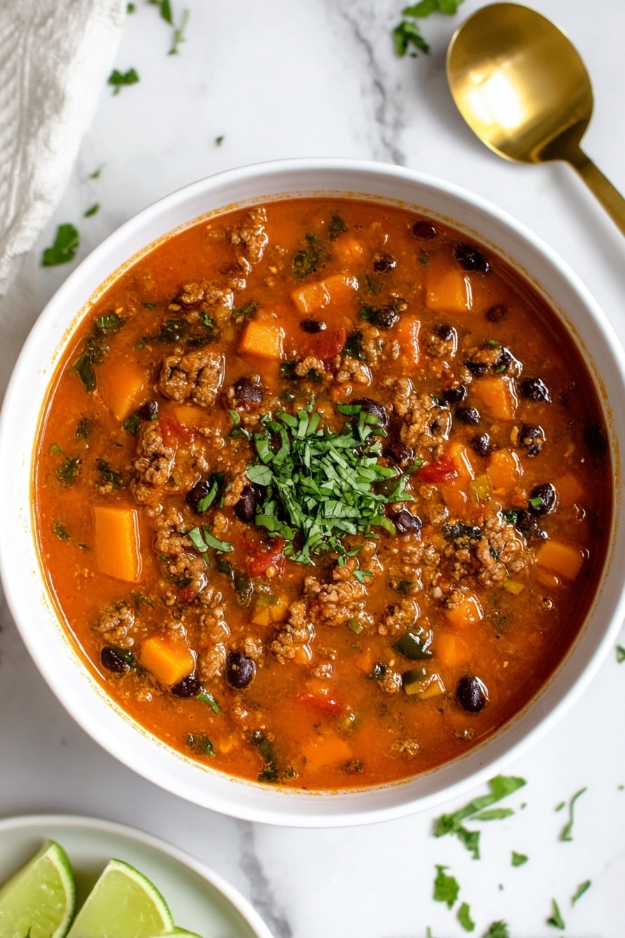A white bowl filled with a thick, orange-red soup that has visible layers of soft orange cubes, small black beans, and light brown ground meat mixed with tiny bits of translucent onions and red peppers. The soup is topped with a sprinkle of fresh green chopped herbs in the center. The bowl is placed on a white marbled surface with scattered green herb leaves nearby and a golden spoon resting to the side. There is a white plate with two lime wedges at the bottom left corner, adding hints of bright green to the scene. Photo taken with an iphone --ar 2:3 --v 7 - Sweet Potato Chili, healthy chili recipes, hearty vegetarian chili, easy spicy chili, flavorful chili with sweet potatoes