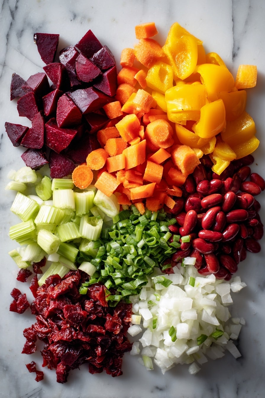 Flat lay of diced deep red beets, bright orange carrot chunks, crisp pale green celery pieces, vibrant yellow bell pepper slices, rich red kidney beans, plump diced tomatoes, finely chopped white onions, and fresh green onion tops, all beautifully arranged on a white marble surface, photo taken with an iphone --ar 2:3 --v 7 - Slow Cooker Beet Chili, beet chili recipe, hearty vegan chili, healthy ground turkey chili, colorful vegetable chili