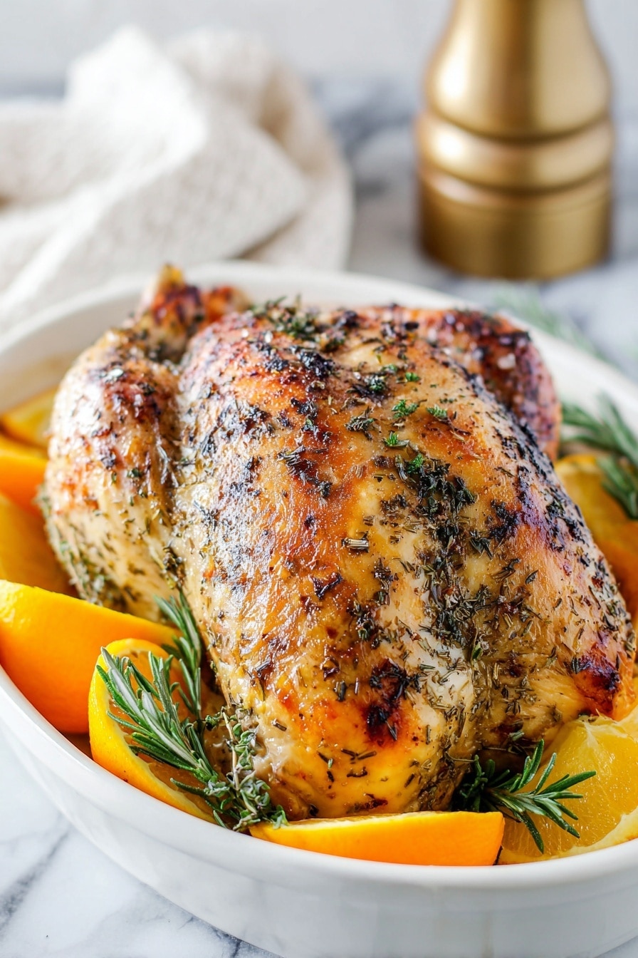A whole roasted chicken with golden brown and crispy skin covered in herbs sits in a white oval dish. Around the chicken are bright orange slices and sprigs of fresh green rosemary and thyme. There is a white marbled surface beneath the dish and a blurred background with a gold pepper grinder and white cloth. The chicken fills most of the dish, with the orange slices and herbs placed around the edges as decoration. photo taken with an iphone --ar 2:3 --v 7 - Roasted Turkey Breast with Herbs and Garlic, Herb and Garlic Turkey Breast, Juicy Oven-Roasted Turkey, Easy Turkey Breast Roast, Flavorful Turkey Tenderloin