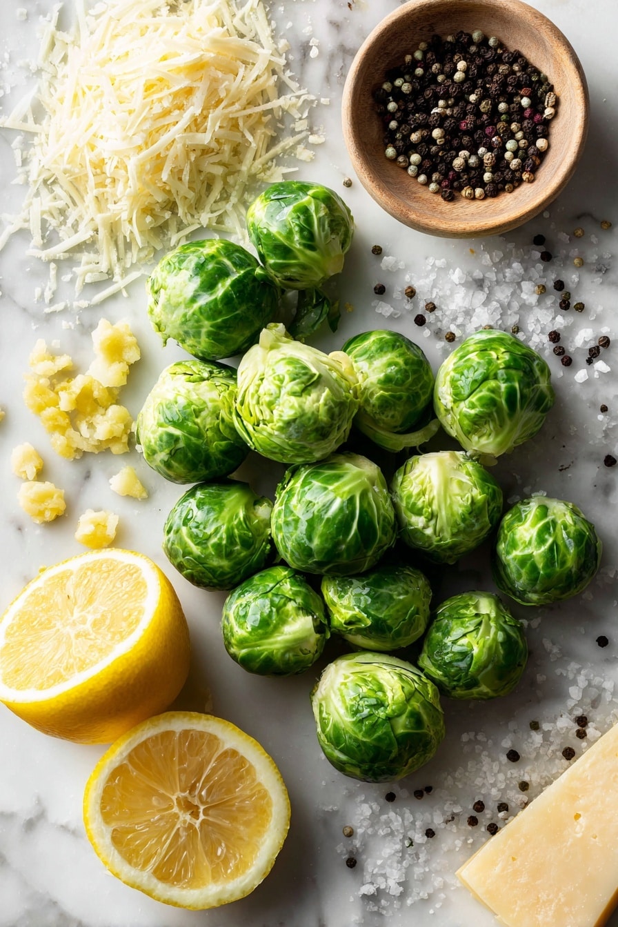 Flat lay of halved bright green Brussels sprouts, golden minced garlic cloves, a small pile of freshly grated Parmesan cheese, a few lemon wedges, and a drizzle of rich extra virgin olive oil artfully spread across the scene, with scattered black peppercorns and coarse salt crystals adding texture, all placed on a white marble surface, photo taken with an iphone --ar 2:3 --v 7 - Garlic Parmesan Roasted Brussels Sprouts, Roasted Brussels Sprouts with Garlic and Parmesan, Easy Brussels Sprouts Side Dish, Healthy Roasted Brussels Sprouts, Breezy Holiday Side Dish