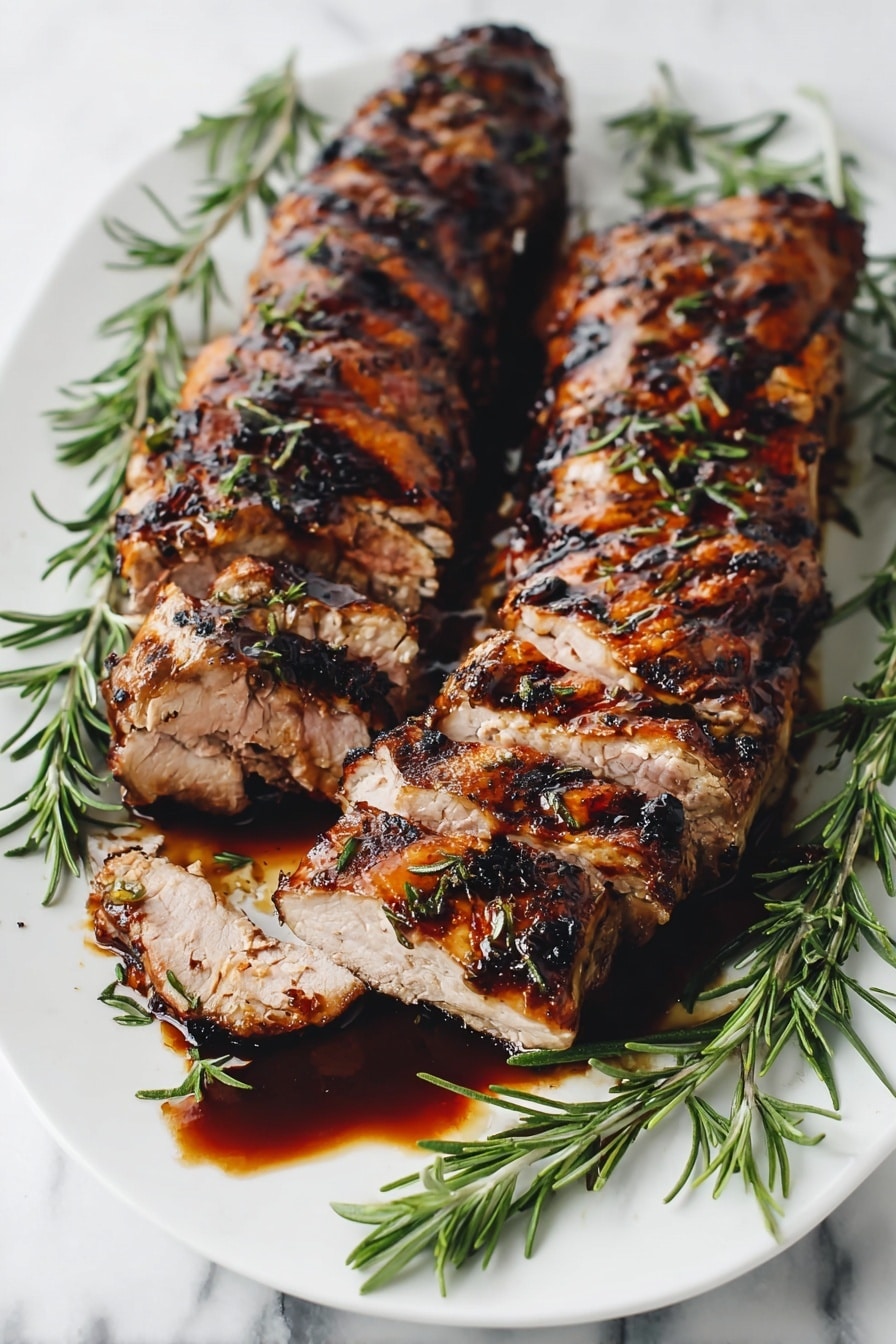 Two long pieces of grilled meat with a golden brown and slightly charred outside are sliced into thick pieces and placed on a white plate. The meat is juicy with dark grill marks, and a dark glossy sauce with oil is pooled near the sliced end. Fresh green rosemary sprigs are laid around the meat on the plate. The plate rests on a white marbled surface. photo taken with an iphone --ar 2:3 --v 7 - Roasted Pork Tenderloin with Balsamic Herb Sauce, pork tenderloin recipe, balsamic herb sauce, elegant pork dinner, easy pork recipes