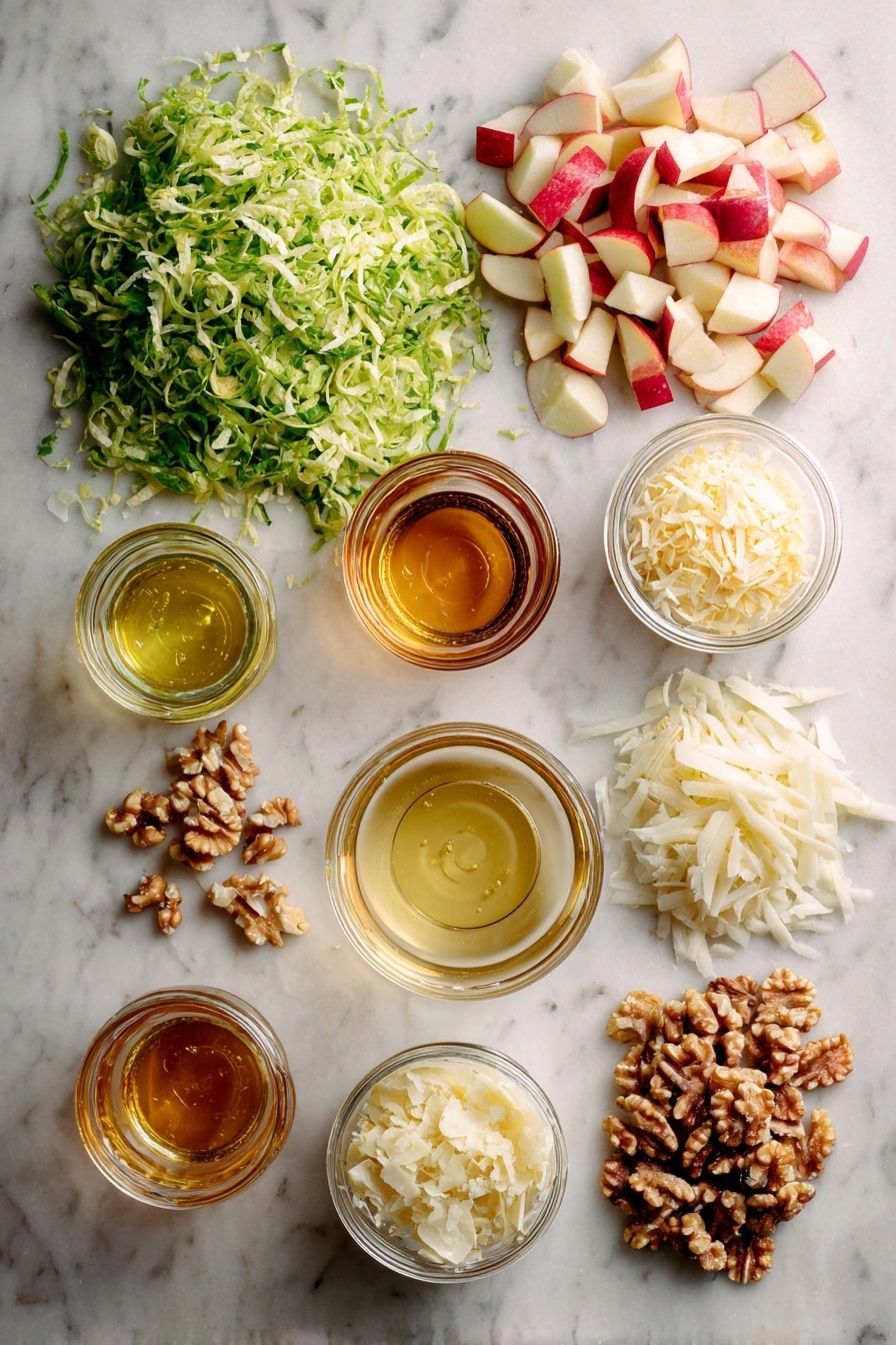 Flat lay of shredded bright green Brussels sprouts, crisp red chopped Honeycrisp apple pieces, small piles of minced pale shallots, golden toasted walnut halves, thin slices and crumbled bits of fresh Parmigiano cheese, small glass jars of amber honey and clear apple cider vinegar arranged neatly, all placed on a white marble surface, photo taken with an iphone --ar 2:3 --v 7 - Shaved Brussels Sprouts Salad with Apple, Walnuts, and Parmigiano, healthy Brussels sprouts salad, easy Brussels sprouts salad recipe, flavorful vegetable salads, quick nutritious salads