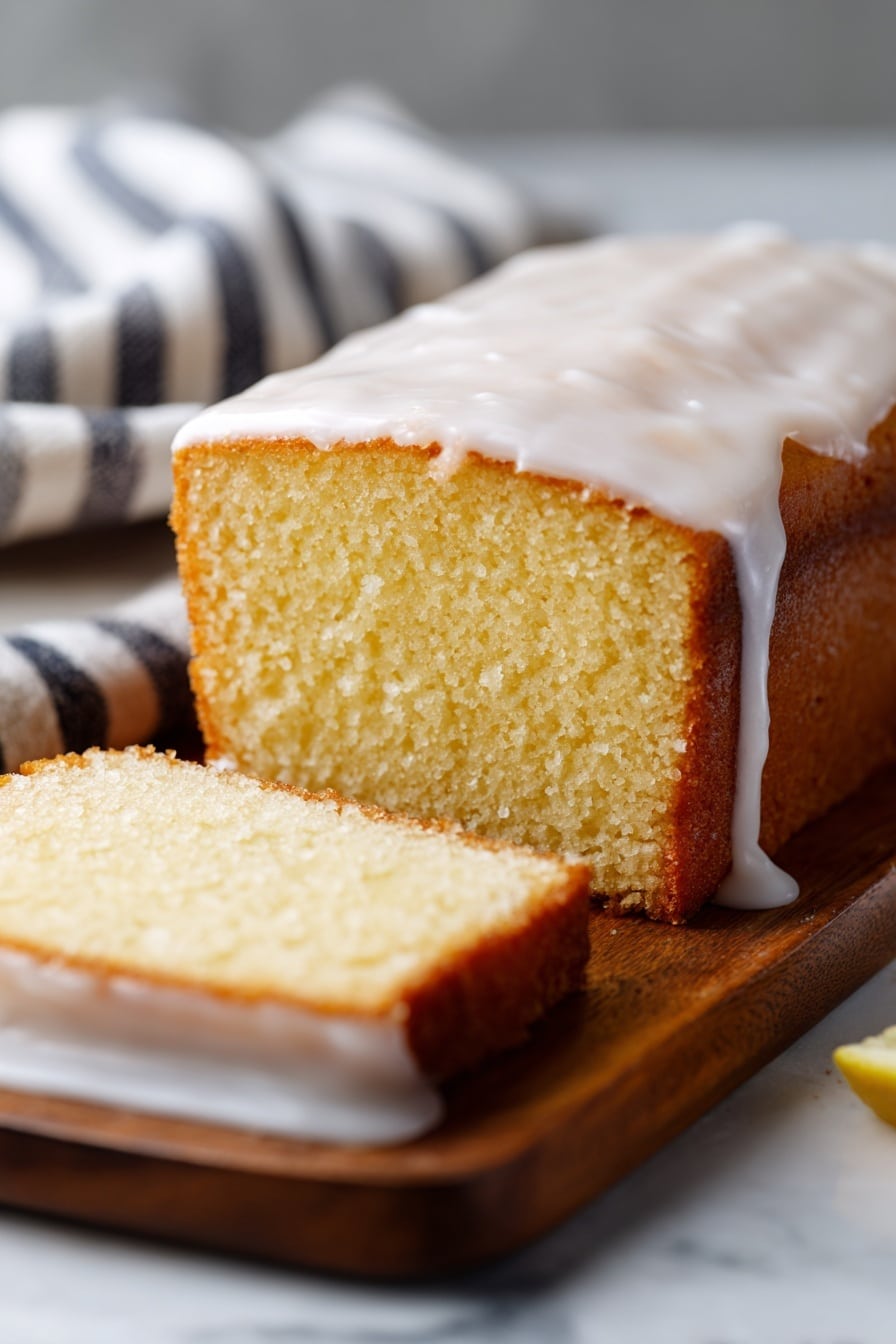 A loaf cake with two visible layers: the bottom layer is a soft, light yellow cake with a fine, moist texture, and the top layer is a thin, white icing glaze that is slightly shiny and uneven, covering the top and part of the sides. The cake sits on a wooden board with a blurred striped cloth in the back, all placed on a white marbled texture surface. The front slice is lying flat, showing the same yellow cake inside with icing on its edge. photo taken with an iphone --ar 2:3 --v 7 - Apple Cider Pound Cake with Cinnamon Glaze, fall dessert recipes, cozy autumn cakes, easy apple cider cake, cinnamon glaze pound cake