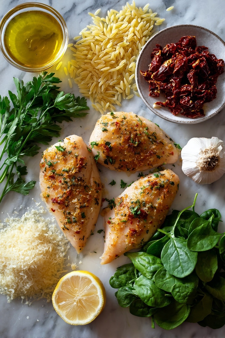 Flat lay of boneless skinless chicken breasts seasoned with Italian herbs and smoked paprika, bright sun-dried tomatoes in oil, fresh baby spinach leaves, finely chopped onion, minced garlic cloves, a wedge of lemon with juice dripping, a small pile of grated Parmesan cheese, and a handful of dry orzo pasta arranged beautifully with sprigs of fresh parsley, all placed on a white marble surface, photo taken with an iphone --ar 2:3 --v 7 - One Pot Chicken and Orzo, chicken and orzo dinner, easy one pot chicken recipe, creamy chicken and pasta, quick weeknight dinner