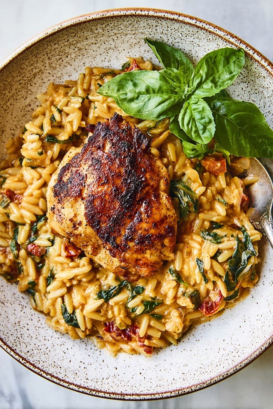 A white plate shows one big piece of grilled chicken with a dark brown and reddish color from the spices, placed on a bed of creamy orzo rice mixed with green spinach leaves and small pieces of sun-dried tomato, giving it a mix of yellow, green, and red colors with a soft texture. On top of the dish, three fresh dark green basil leaves are placed as decoration. A silver spoon with a black handle rests on the right edge of the plate. The plate sits on a white marbled surface. Photo taken with an iphone --ar 2:3 --v 7 - One Pot Chicken and Orzo, chicken and orzo dinner, easy one pot chicken recipe, creamy chicken and pasta, quick weeknight dinner