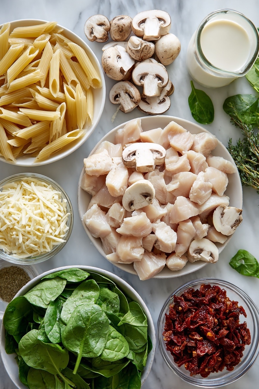 Flat lay of cubed boneless skinless chicken breast, sliced white and cremini mushrooms, uncooked penne pasta, fresh baby spinach leaves, finely chopped sun-dried tomatoes, a small heap of shredded parmesan cheese, a glass container of heavy cream, and a bunch of Italian seasoning herbs, all beautifully arranged and vibrant, placed on a white marble surface, photo taken with an iphone --ar 2:3 --v 7 - One Pot Italian Chicken Pasta, Italian chicken pasta, easy one pot pasta, creamy chicken pasta, quick weeknight dinner