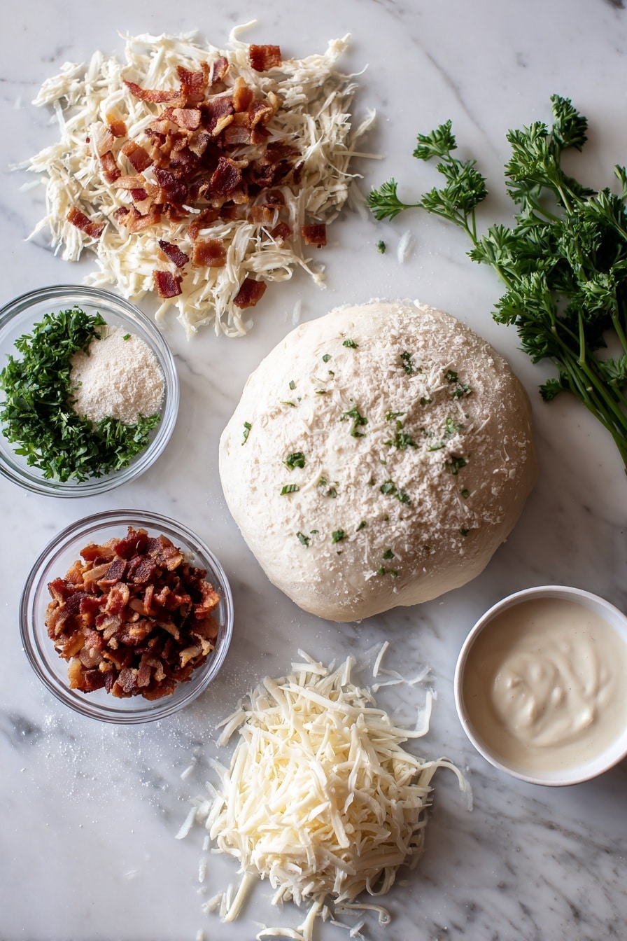 Flat lay of shredded cooked chicken, crispy crumbled bacon, shredded mozzarella cheese, grated Parmesan cheese, creamy Alfredo sauce in a small dollop, fresh chopped parsley sprigs, and a smooth round ball of pizza dough, all beautifully arranged with natural light highlighting their textures, placed on a white marble surface, photo taken with an iphone --ar 2:3 --v 7 - Chicken Alfredo Pizza, Creamy Alfredo Pizza, Easy Chicken Pizza, Homemade Alfredo Pizza, Cheesy Chicken Pizza