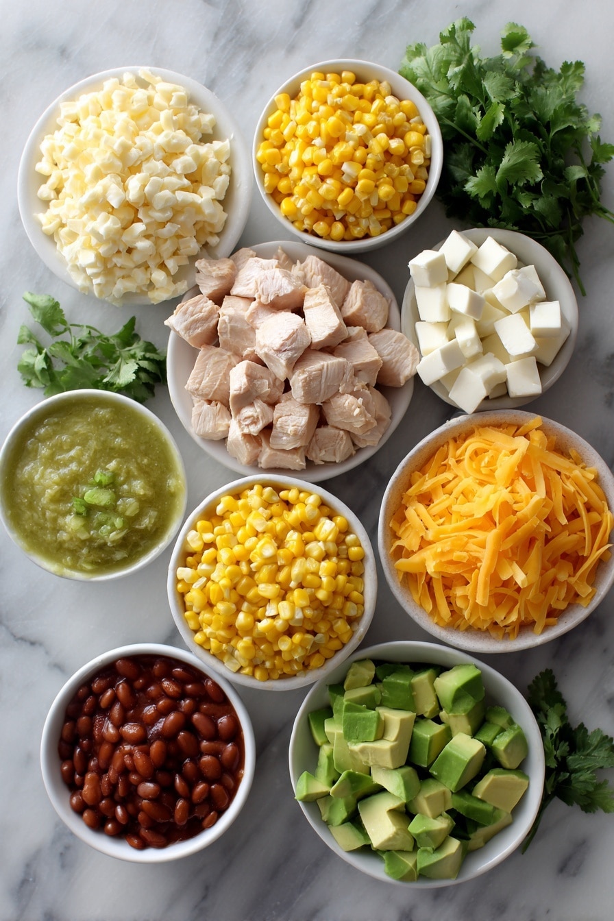 Flat lay of diced cooked chicken, white beans, soft cream cheese cubes, bright yellow corn kernels, small green chile peppers, a rich green enchilada sauce spoonful, shredded cheddar cheese, diced ripe avocado, and fresh chopped cilantro, all beautifully arranged in colorful clusters and contrasts, placed on a white marble surface, photo taken with an iphone --ar 2:3 --v 7 - Green Chile Chicken Enchilada Soup, southwest chicken soup, creamy green chili soup, easy enchilada soup, hearty chicken and bean soup