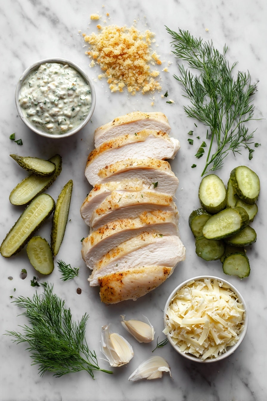 Flat lay of boneless skinless chicken breasts sliced horizontally, a small bowl of creamy dill pickle ranch dressing, finely grated Parmesan cheese scattered delicately, golden plain breadcrumbs sprinkled in a loose pile, fresh vibrant chopped dill leaves, and whole pickles sliced lengthwise, all beautifully arranged with a few sprigs of dill for garnish, placed on a white marble surface, photo taken with an iphone --ar 2:3 --v 7 - Dill Pickle Parmesan Chicken, crispy chicken with dill pickle flavor, quick chicken dinner, air fryer chicken recipes, cheesy chicken recipes